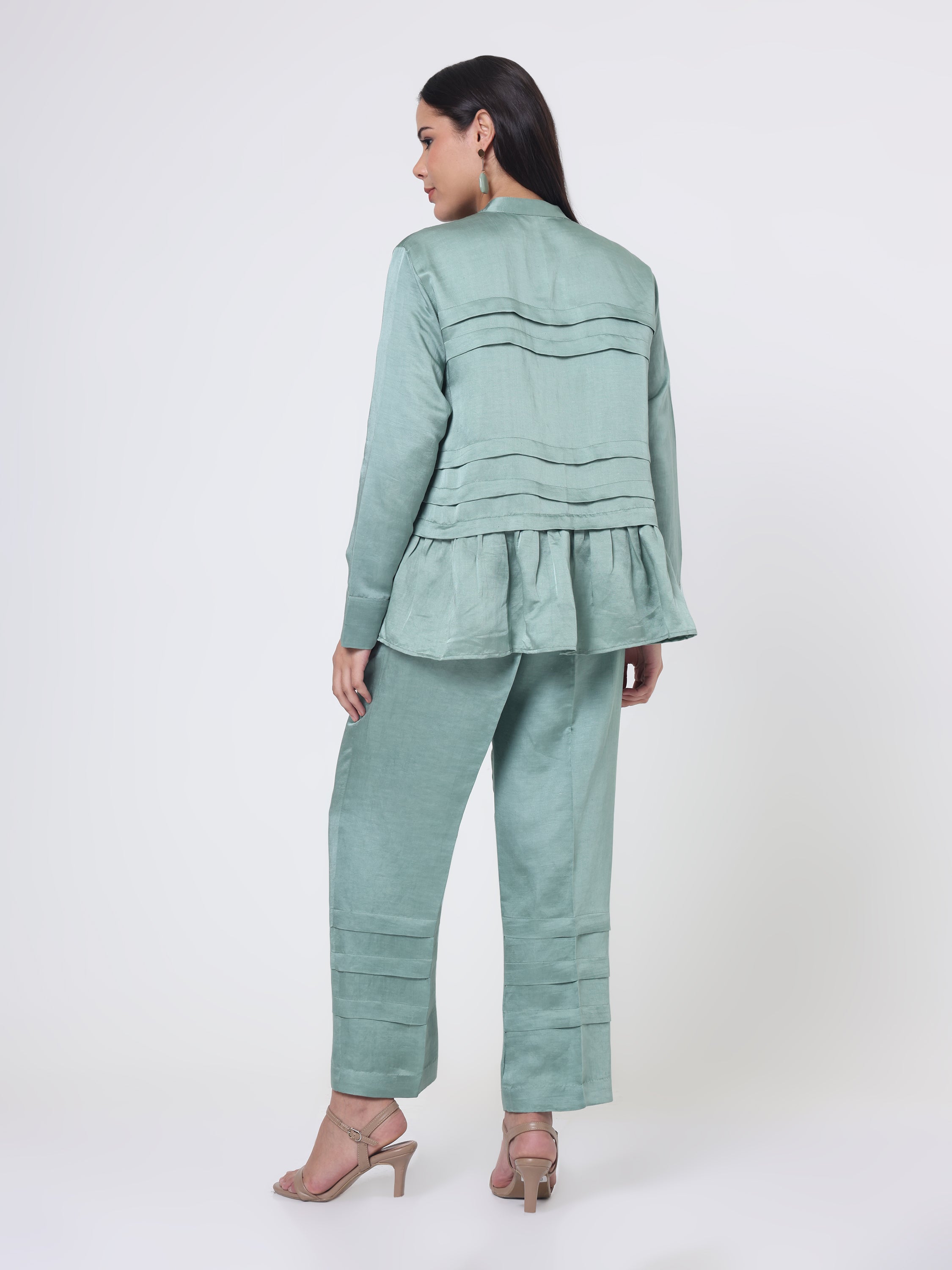 Horizontal Pleat Coord set with Applique Sequin Embroidery & Pants