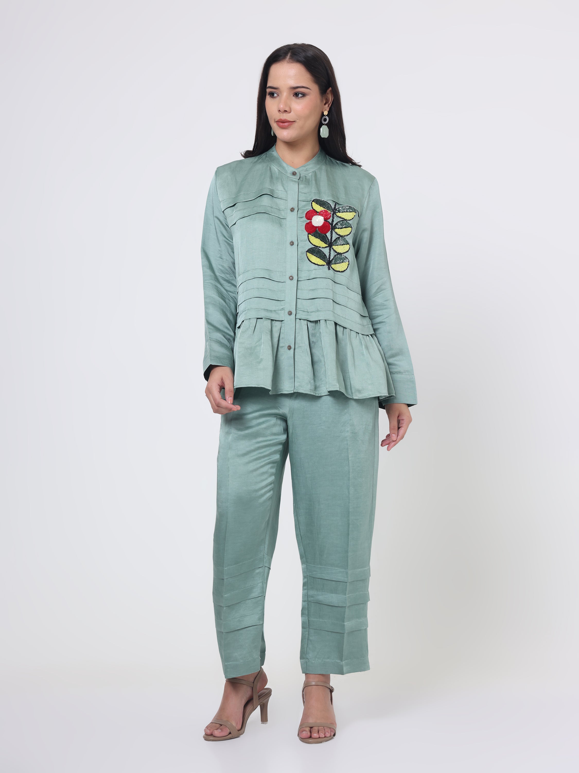Horizontal Pleat Coord set with Applique Sequin Embroidery & Pants