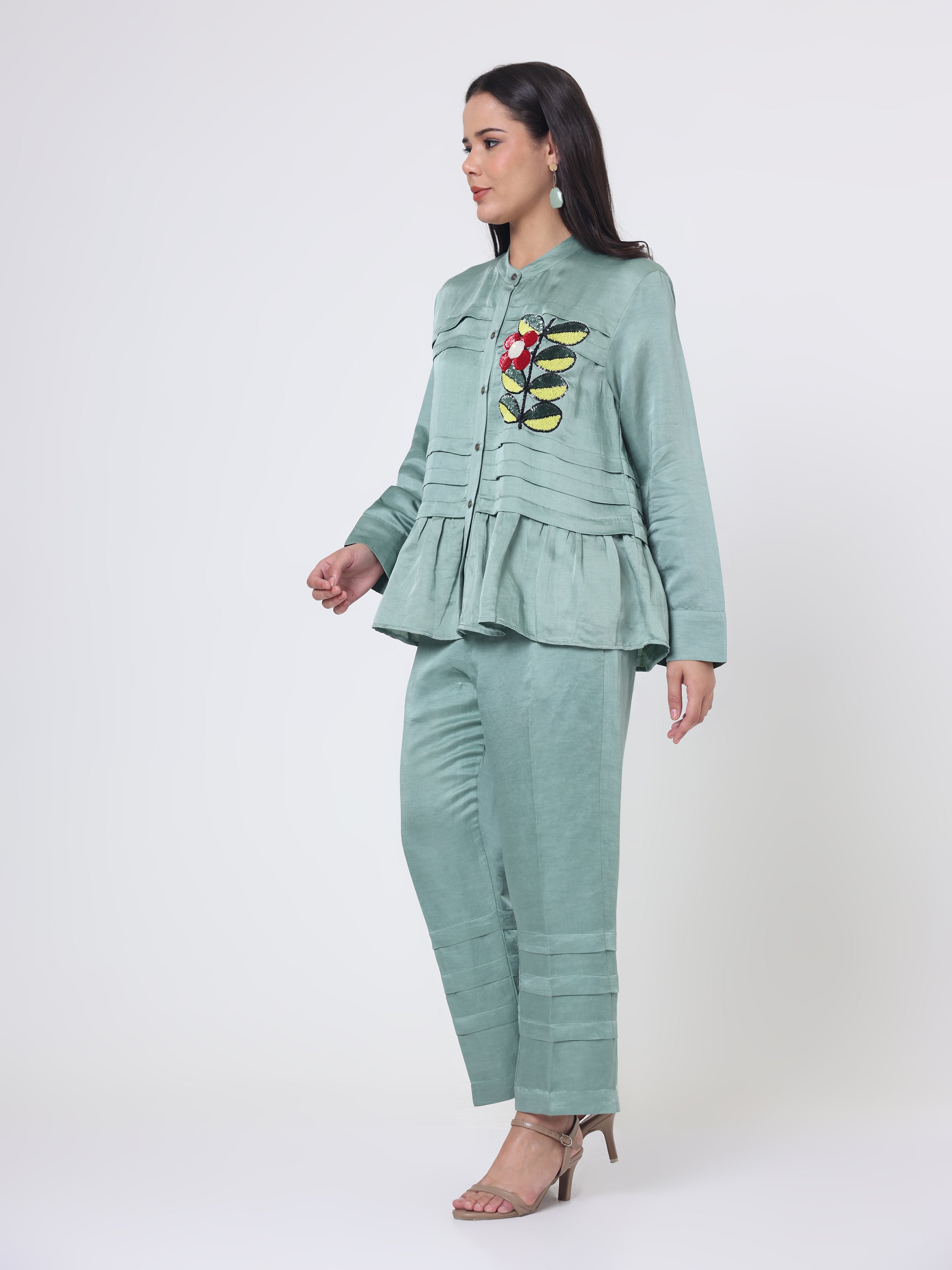 Horizontal Pleat Coord set with Applique Sequin Embroidery & Pants