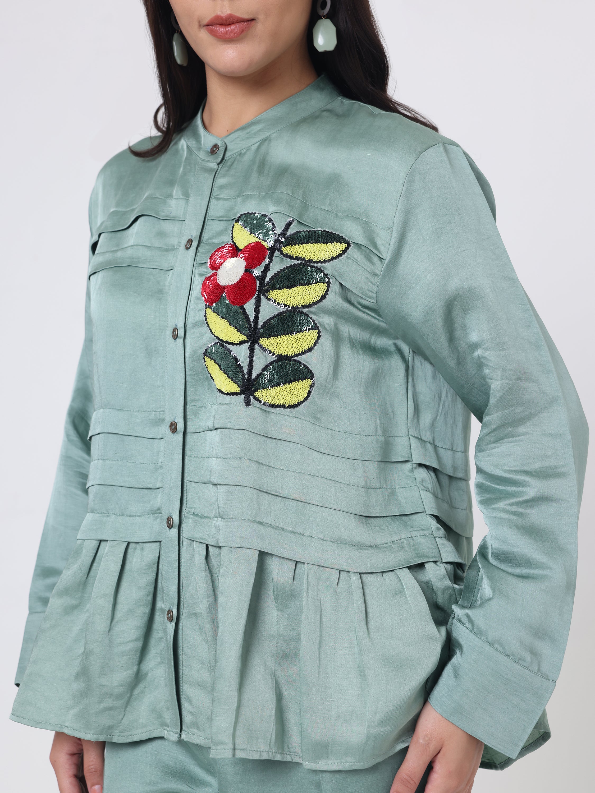 Horizontal Pleat Coord set with Applique Sequin Embroidery & Pants