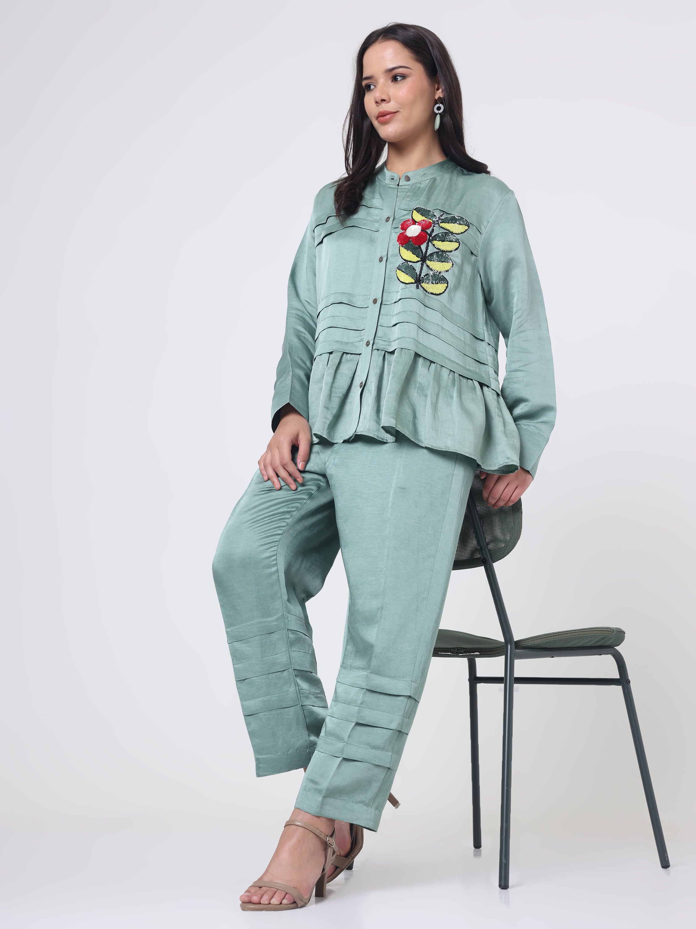 Horizontal Pleat Coord set with Applique Sequin Embroidery & Pants