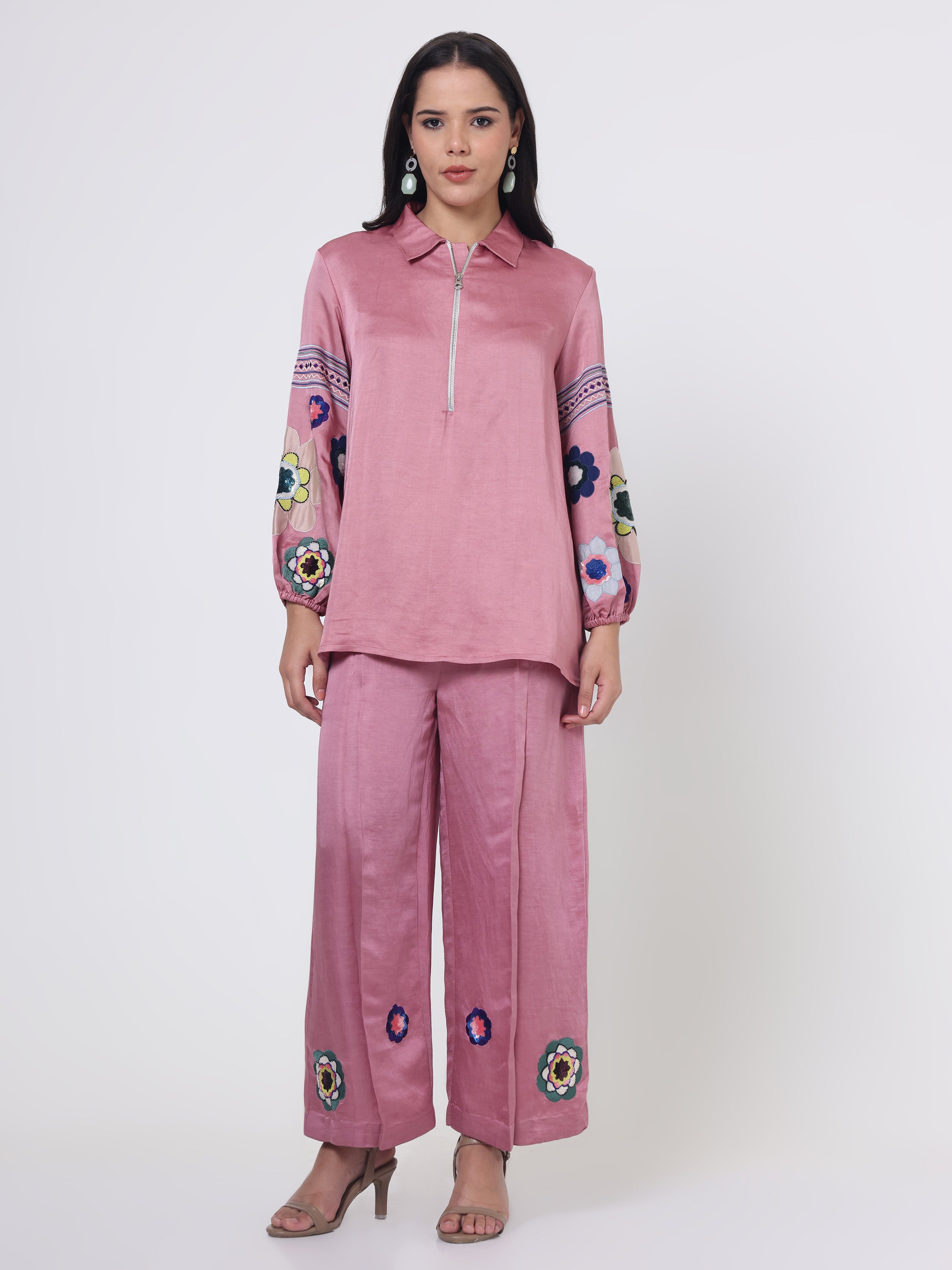 Coord set with embroidered balloon sleeves and pants