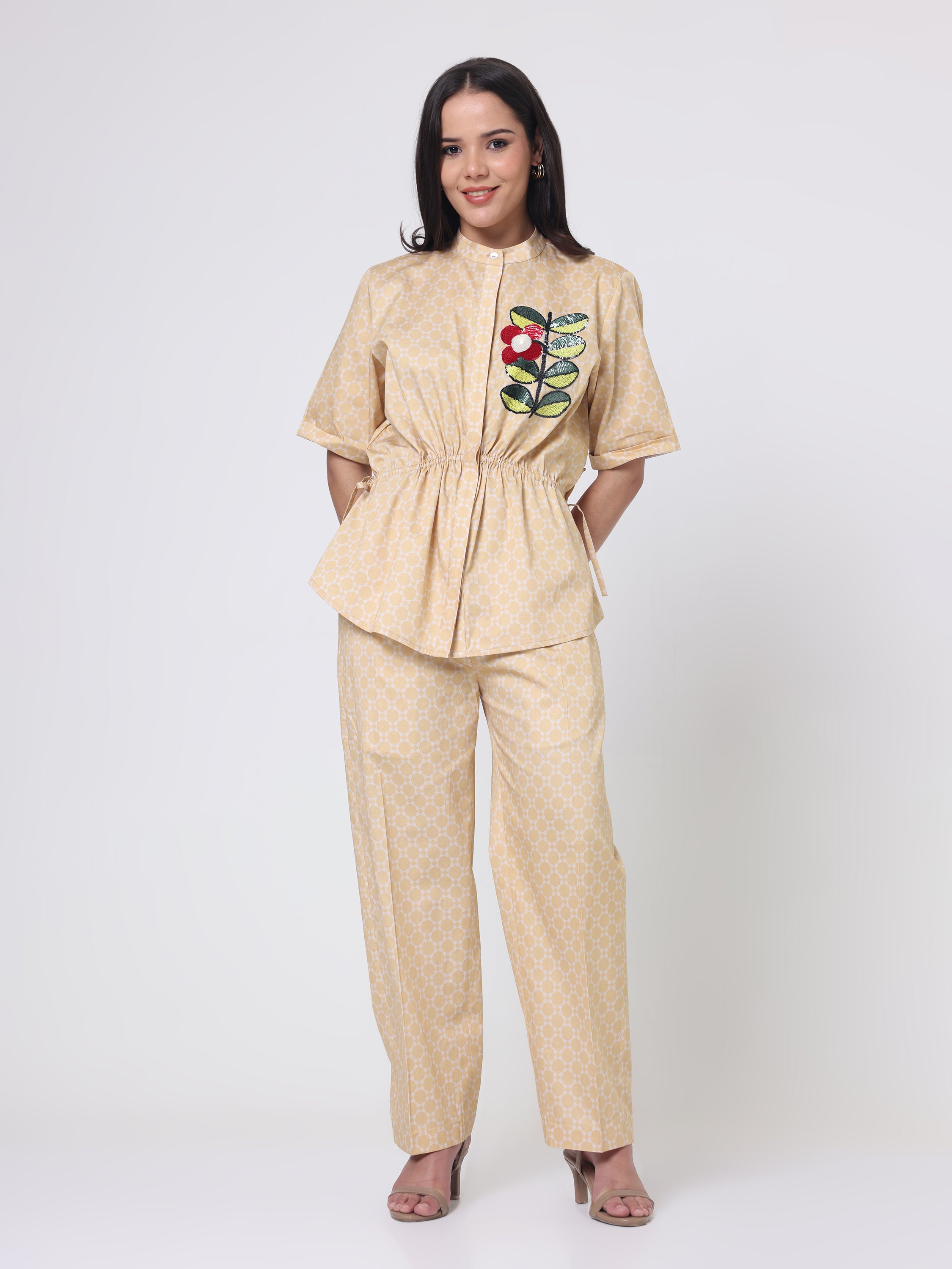 Geometric Coord set with Applique Seqin Embroidery ;Side pull strings