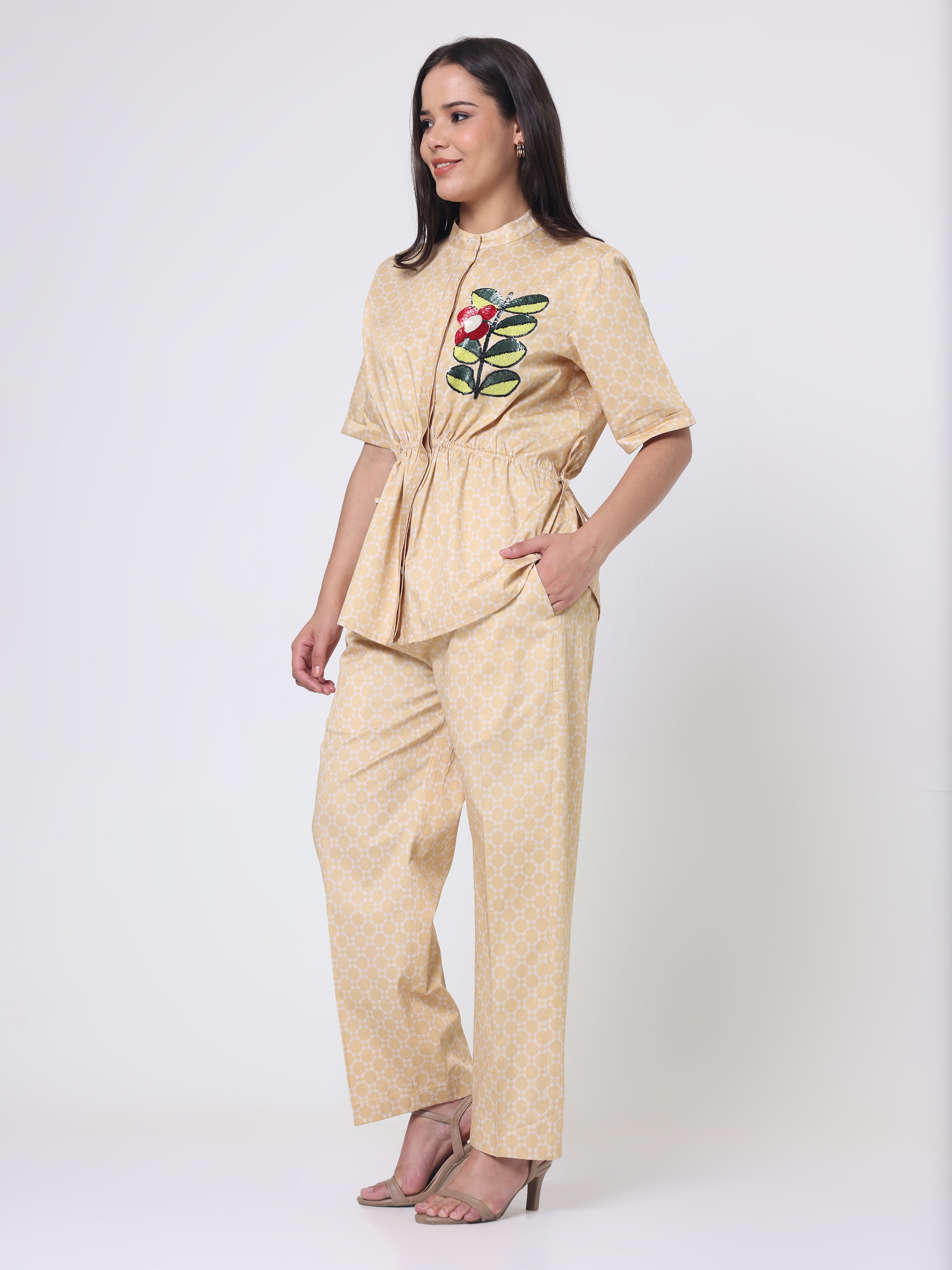Geometric Coord set with Applique Seqin Embroidery ;Side pull strings