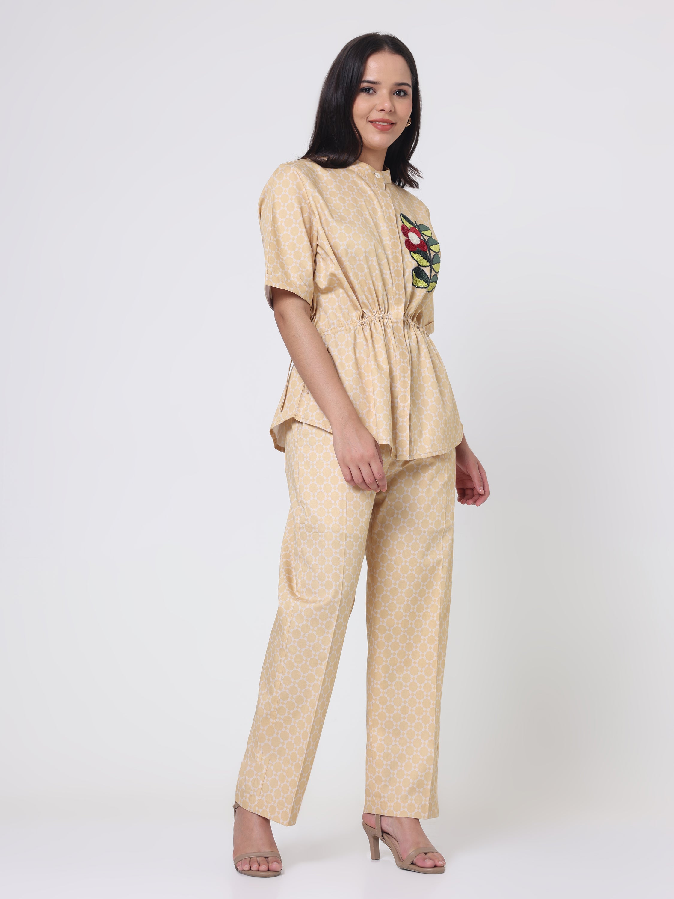 Geometric Coord set with Applique Seqin Embroidery ;Side pull strings