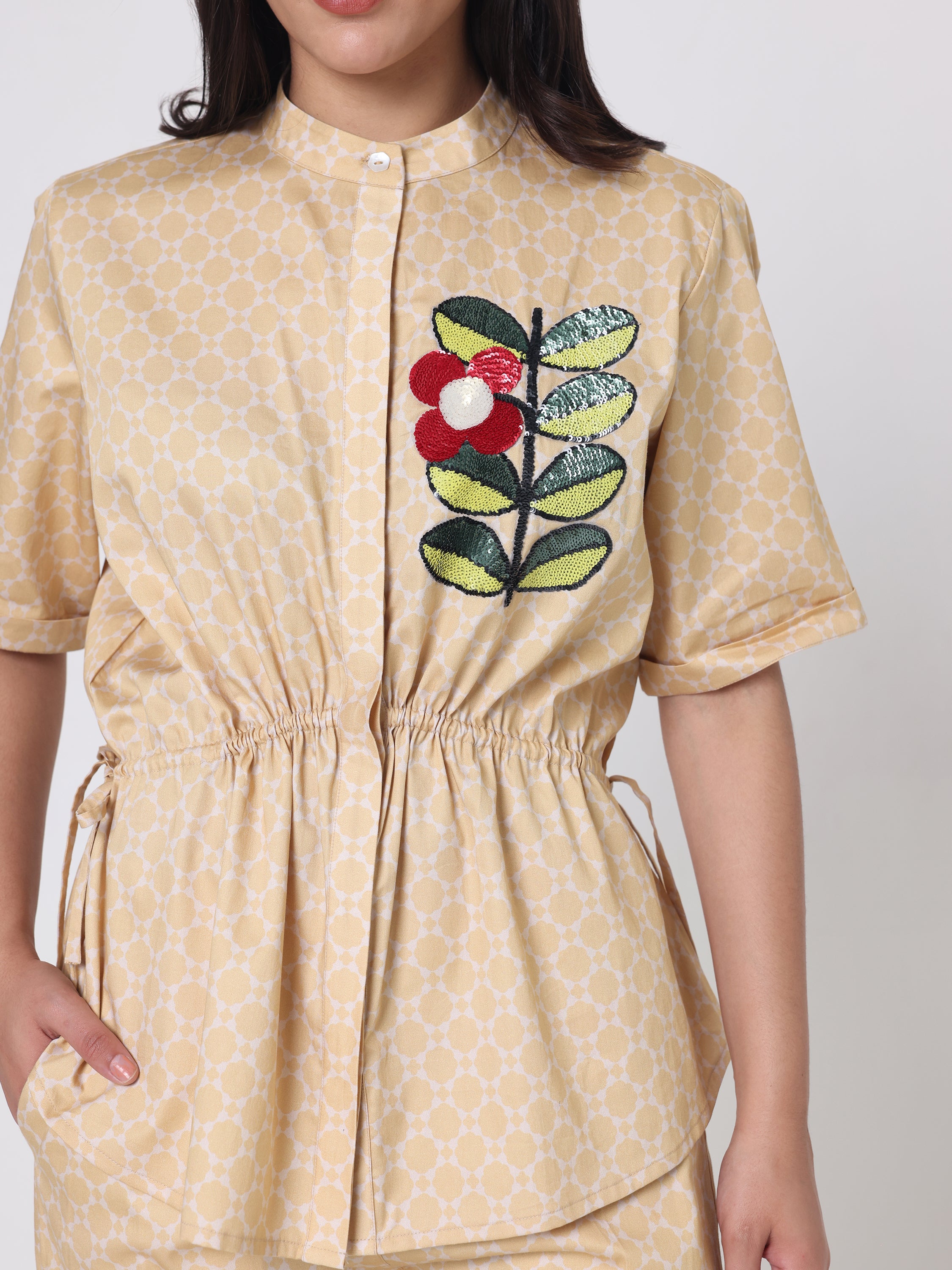 Geometric Coord set with Applique Seqin Embroidery ;Side pull strings