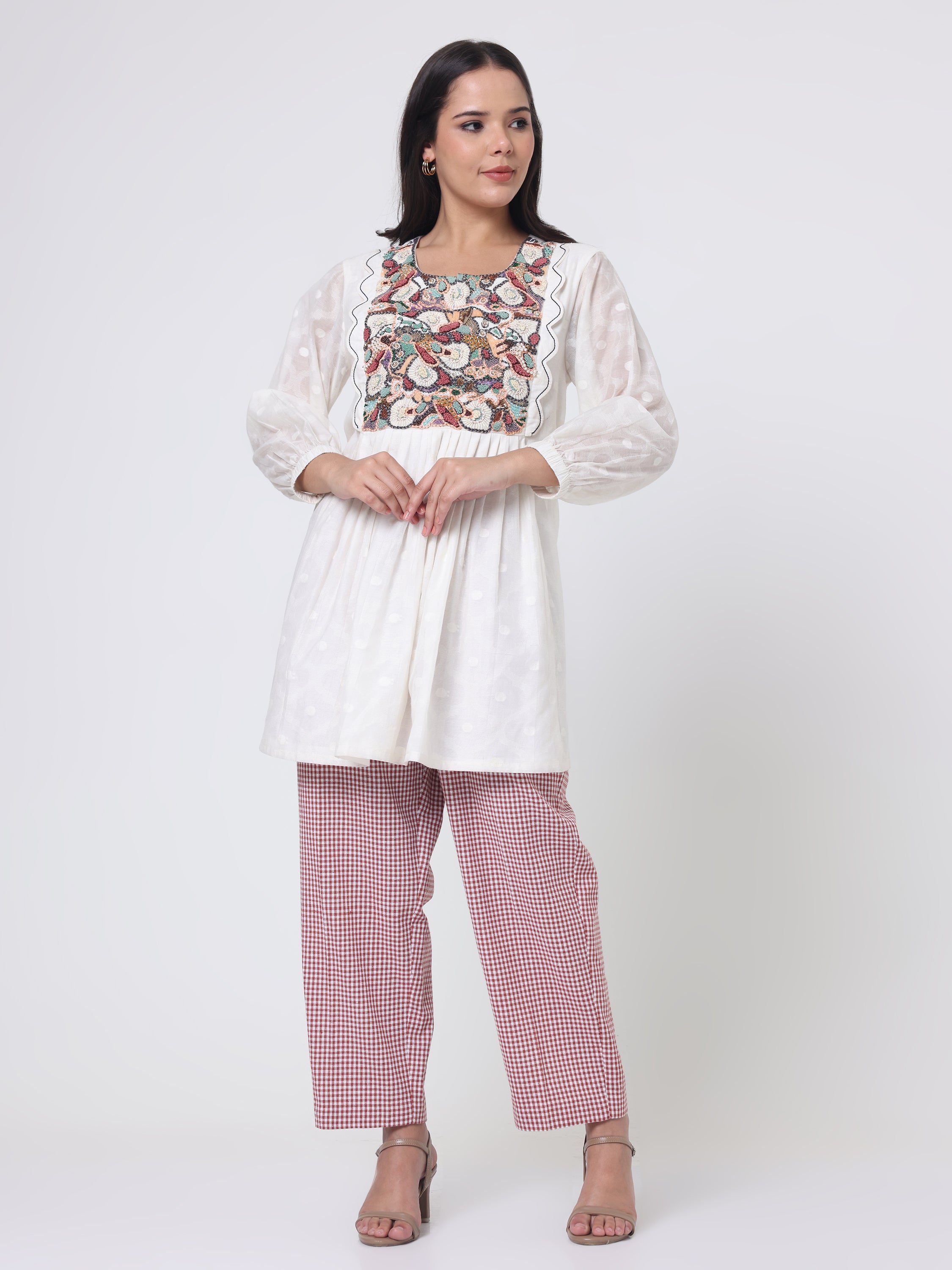 Psychedelic Embroidered yoke Kurta With Checks pants