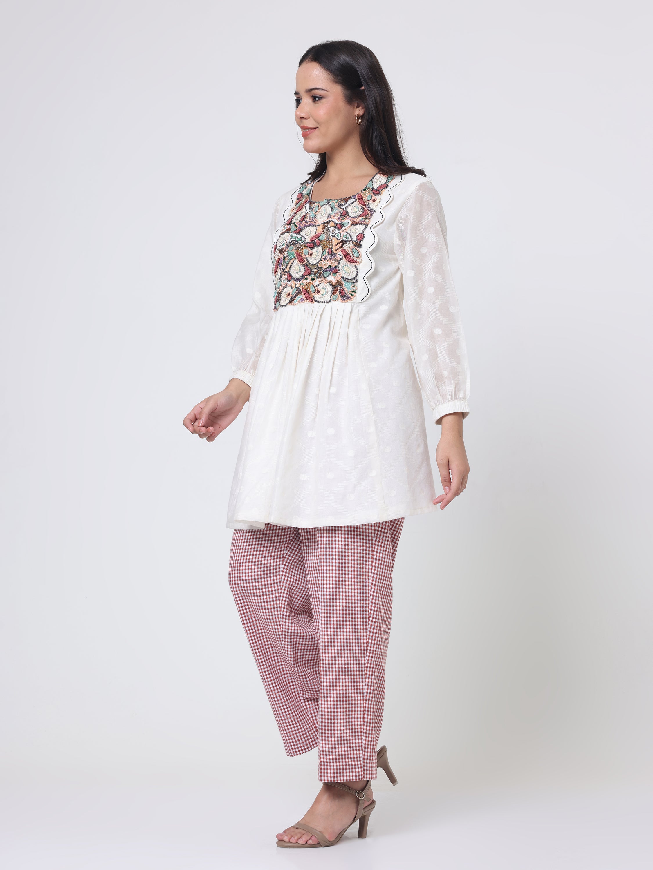 Psychedelic Embroidered yoke Kurta With Checks pants