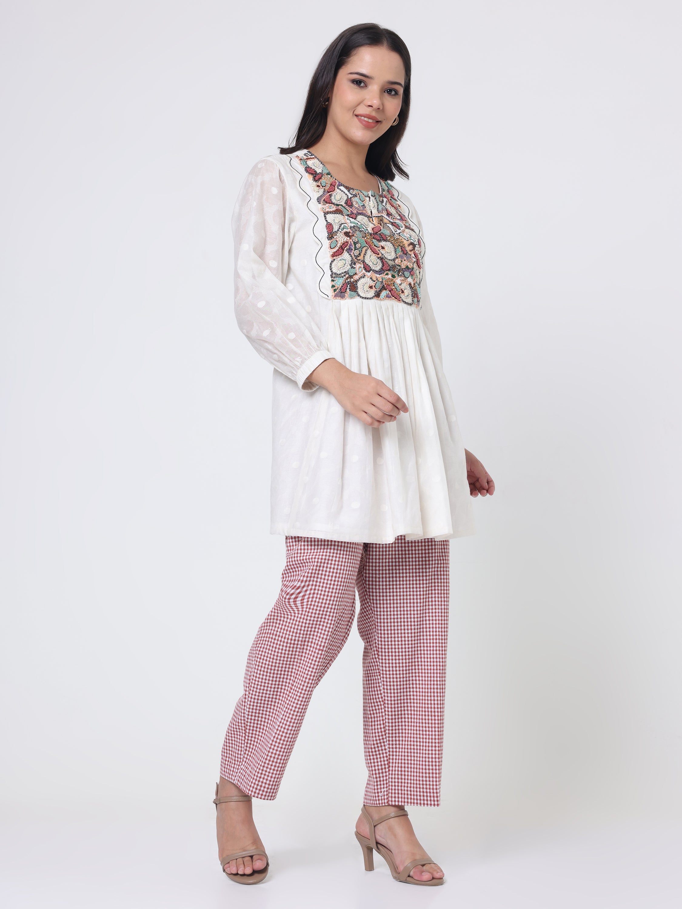 Psychedelic Embroidered yoke Kurta With Checks pants