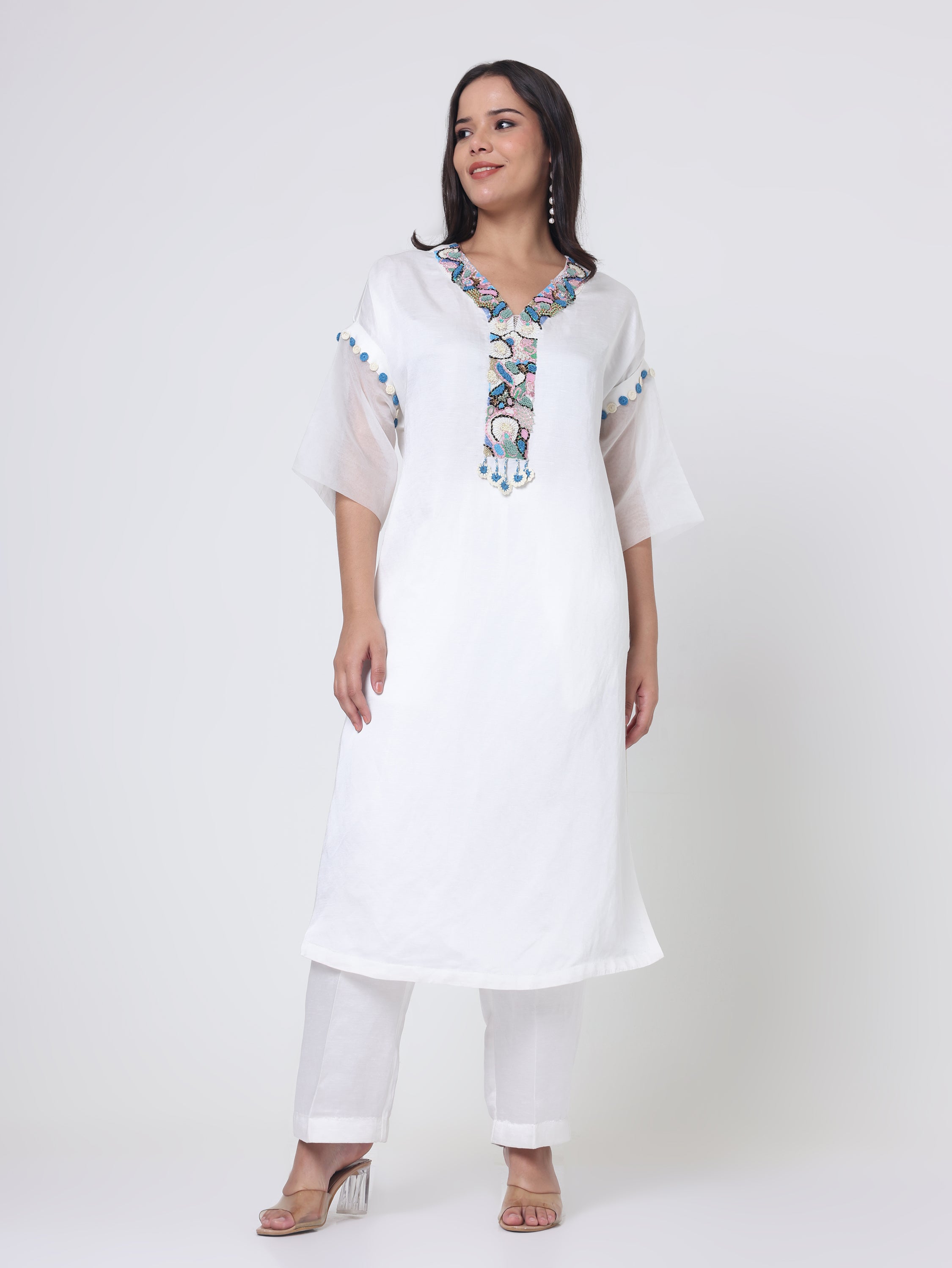 Psychedelic Embroidered Neck Kurta With Checks pants