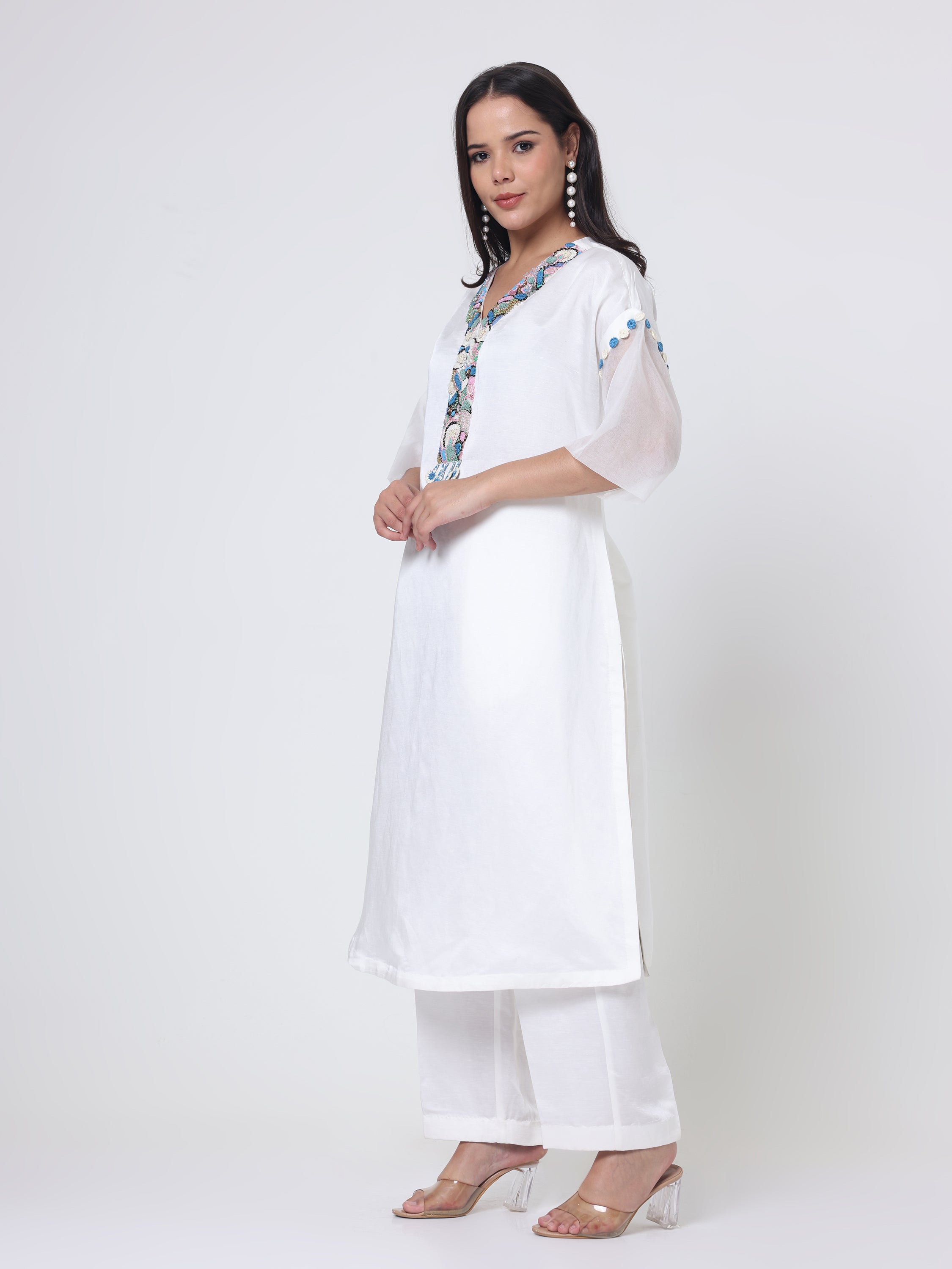 Psychedelic Embroidered Neck Kurta With Checks pants