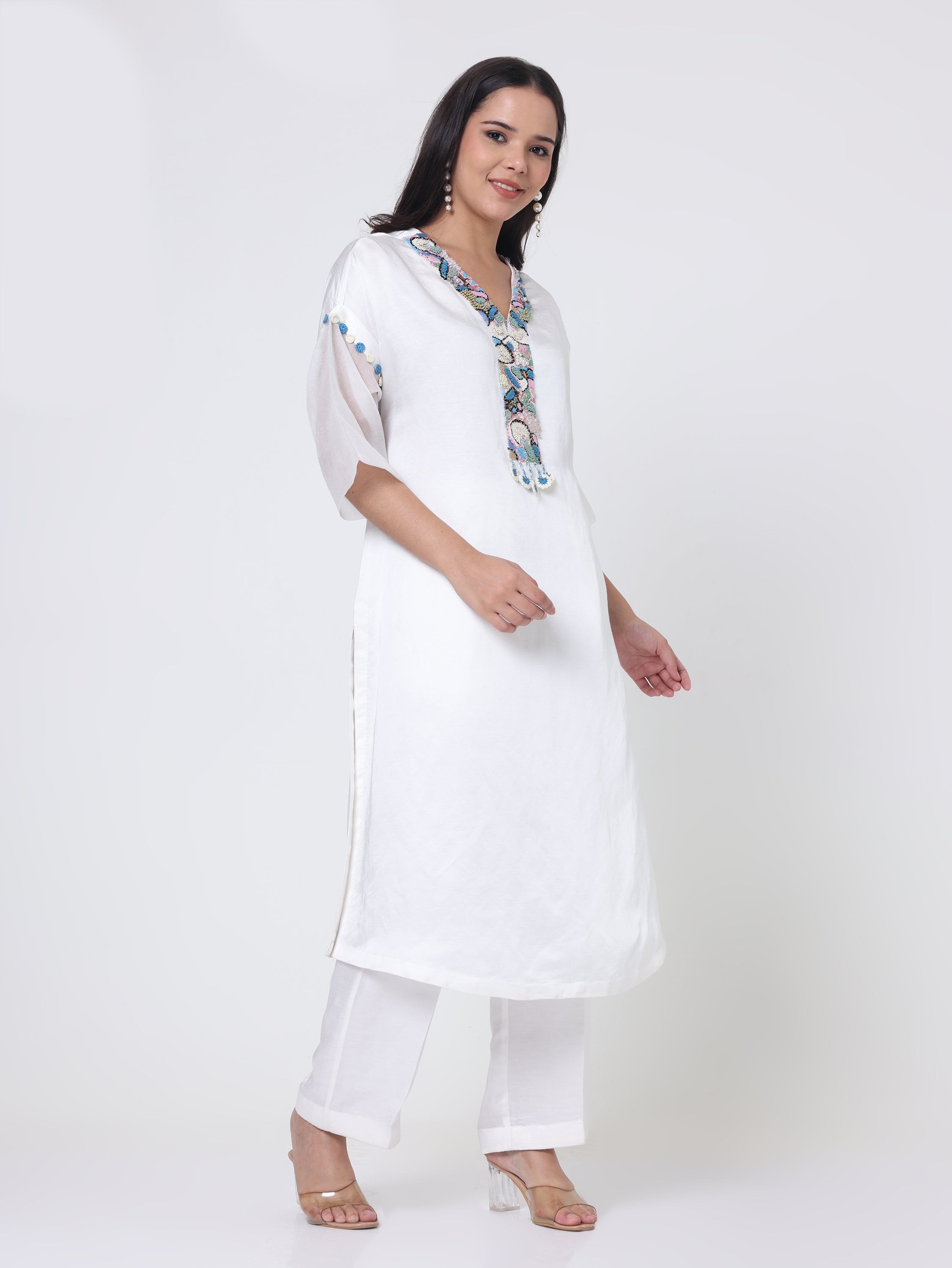 Psychedelic Embroidered Neck Kurta With Checks pants