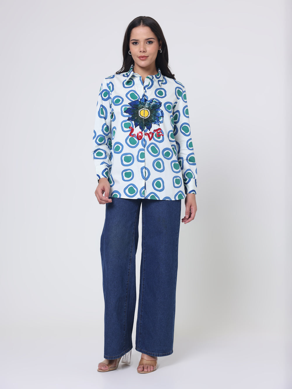 Printed Shirt with Flower Embroidery detailing