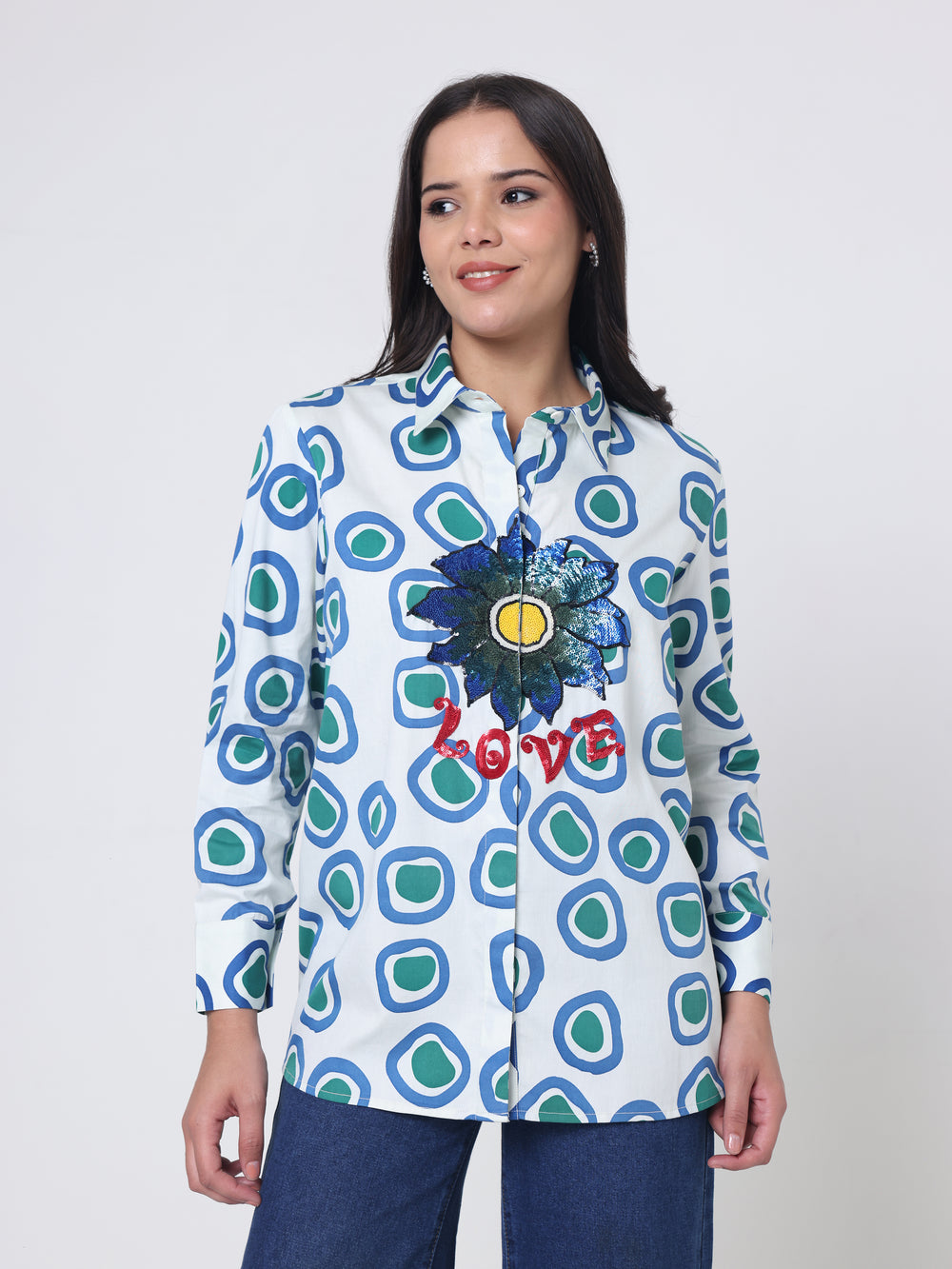 Printed Shirt with Flower Embroidery detailing
