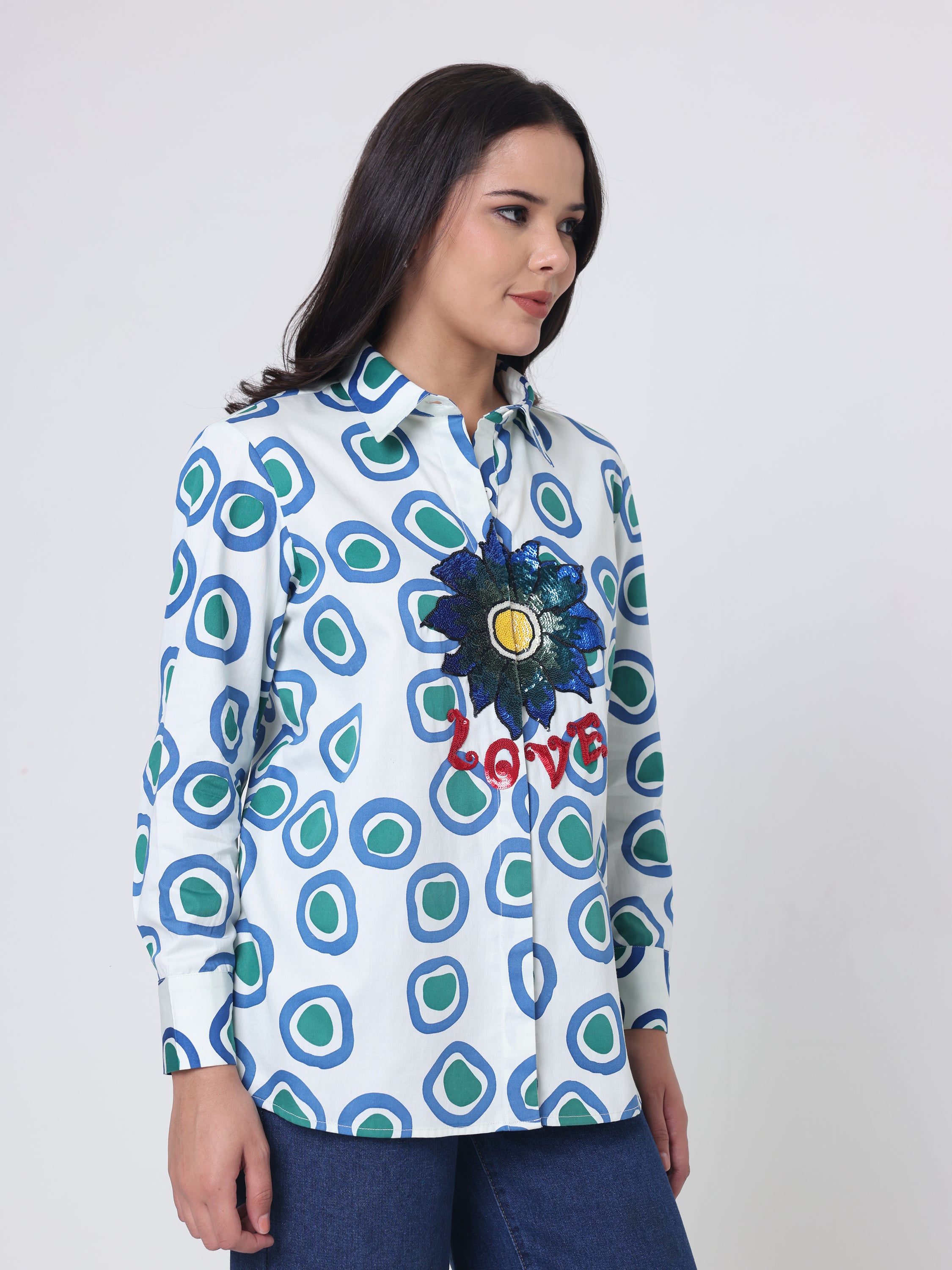 Printed Shirt with Flower Embroidery detailing