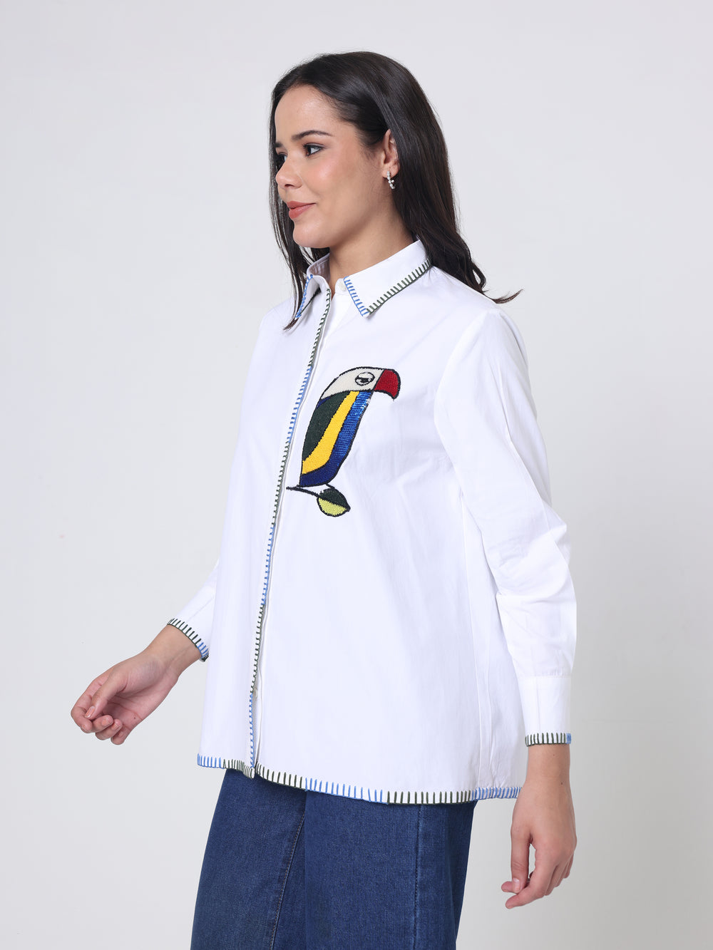 Stripe Shirt with Parrot Embroidery patch