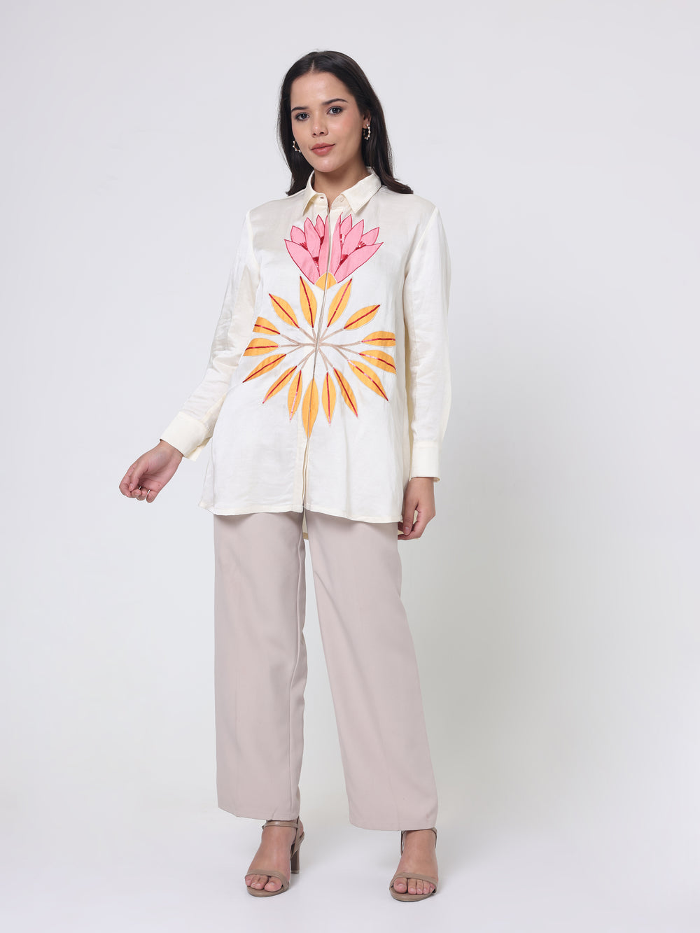 Shirt with Applique and sequin Flower embroidery