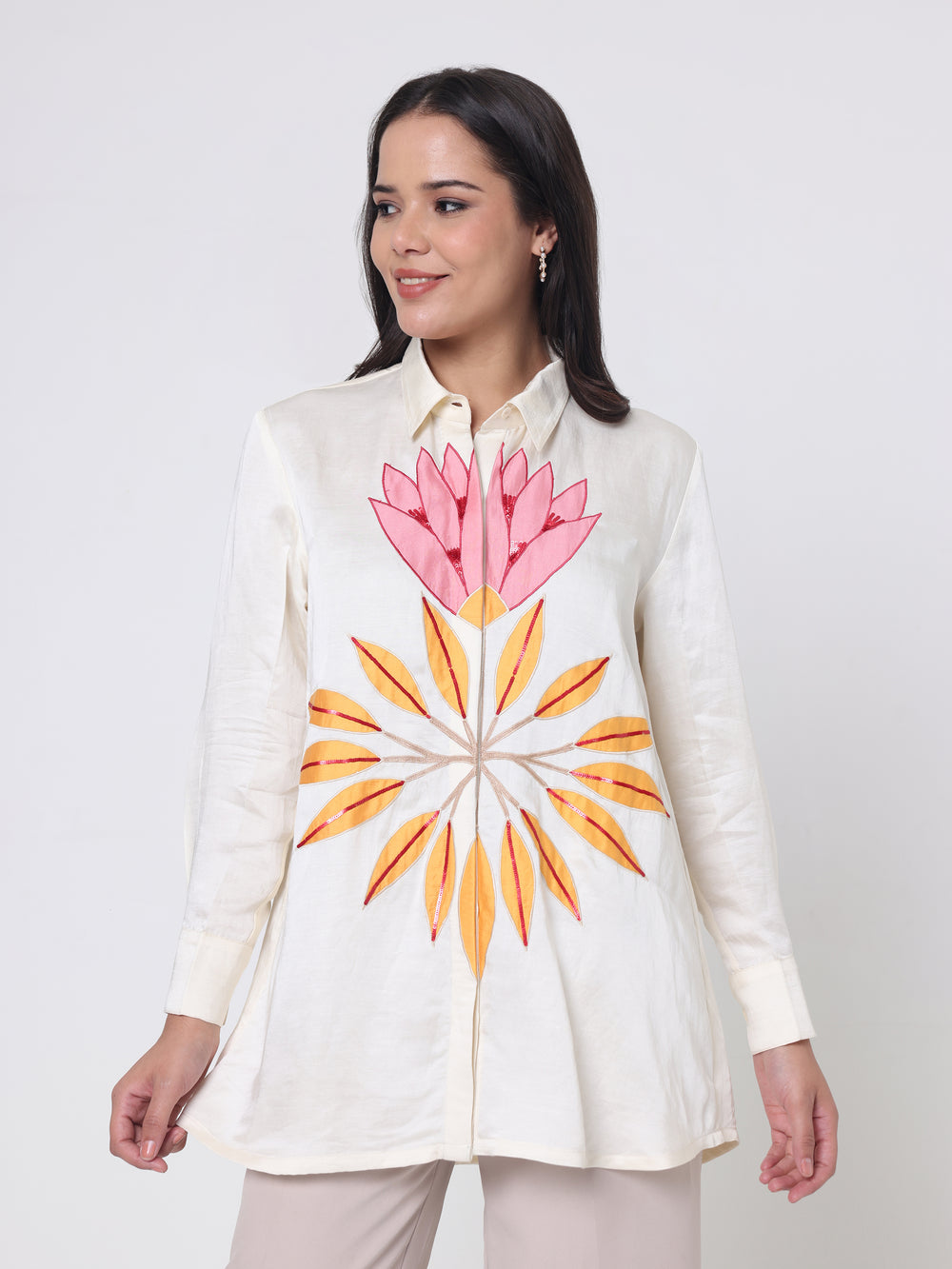 Shirt with Applique and sequin Flower embroidery