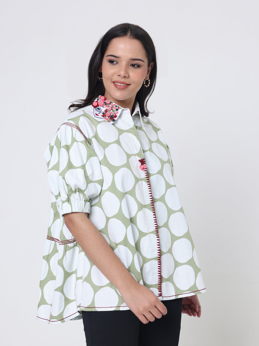 Printed Shirt with Collar Embroidery detailing