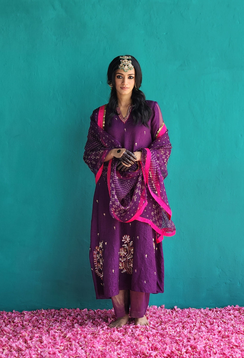 Purple Crush Silk Kurta,Tissue pants & Dupatta set