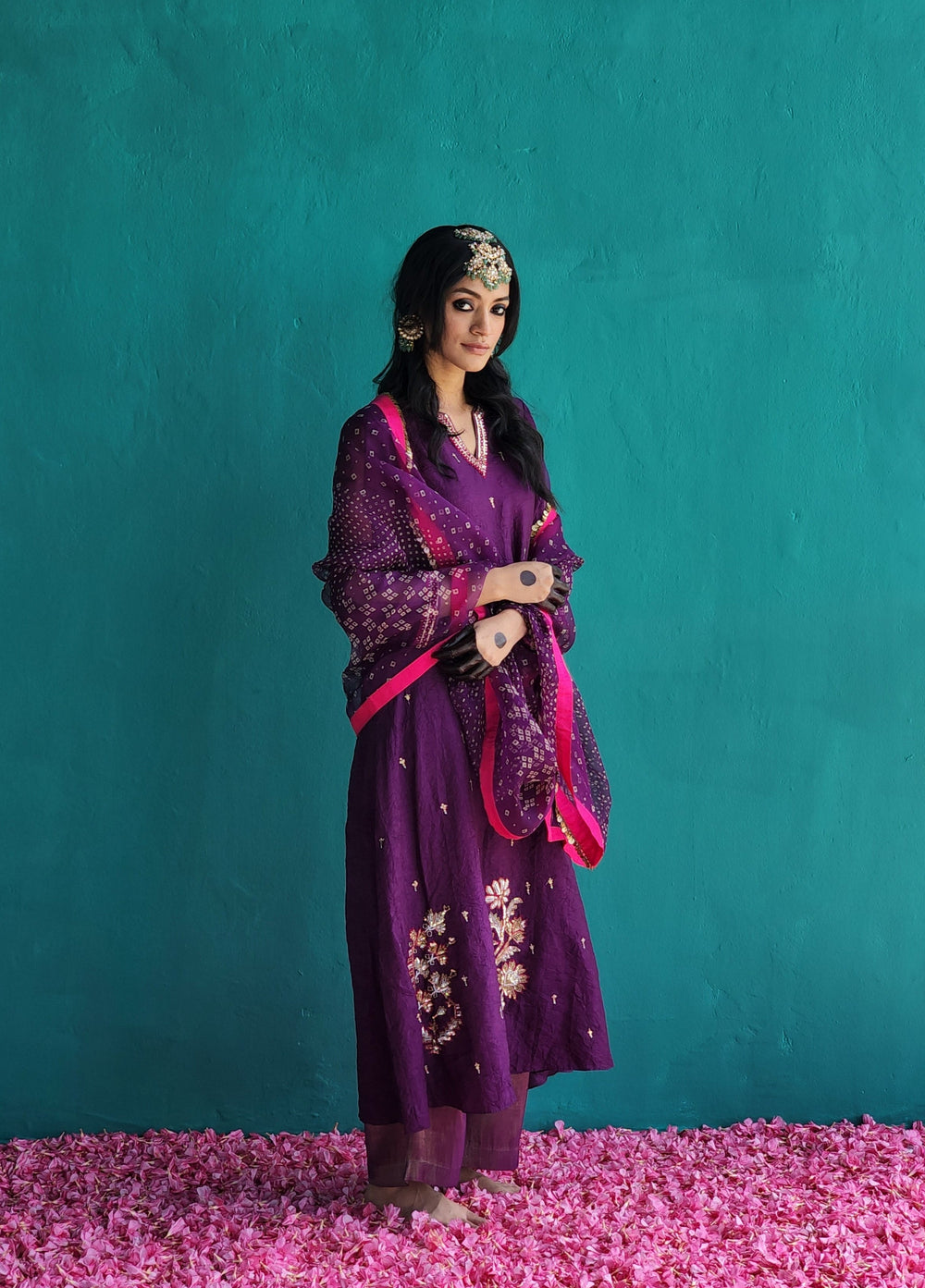 Purple Crush Silk Kurta,Tissue pants & Dupatta set