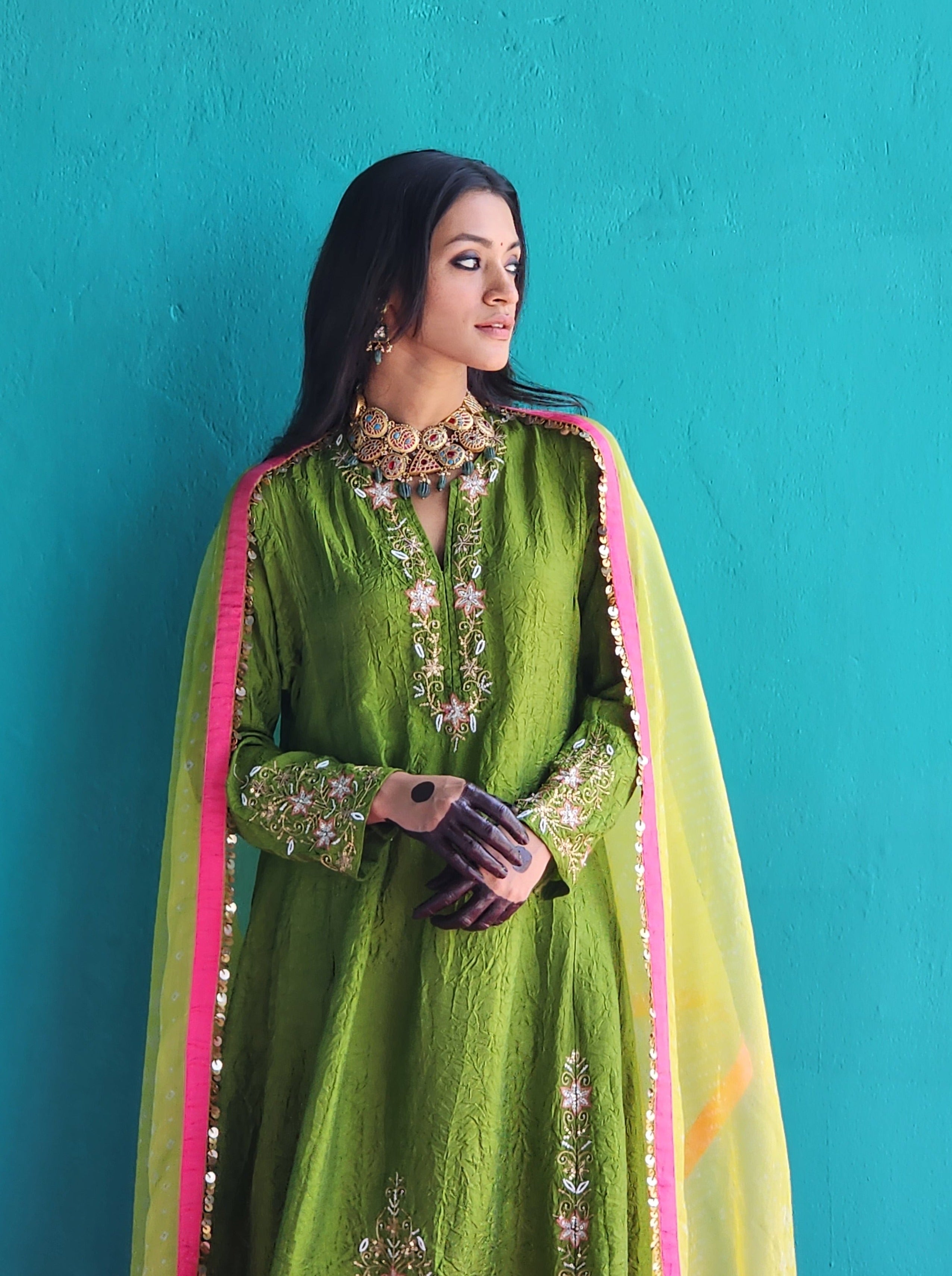 Mehendi Green Crush Silk Kurta with Salwar & Dupatta