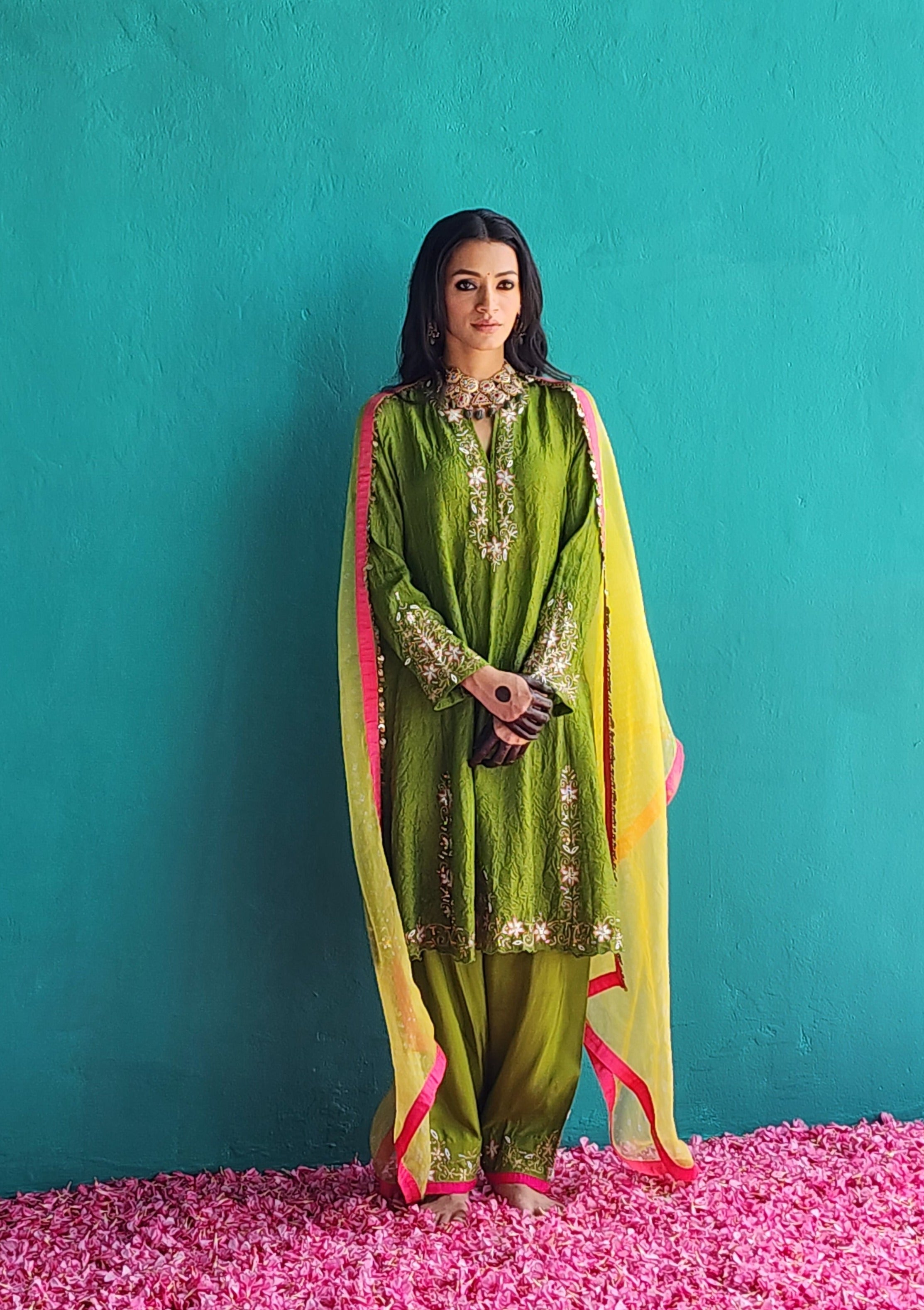 Mehendi Green Crush Silk Kurta with Salwar & Dupatta