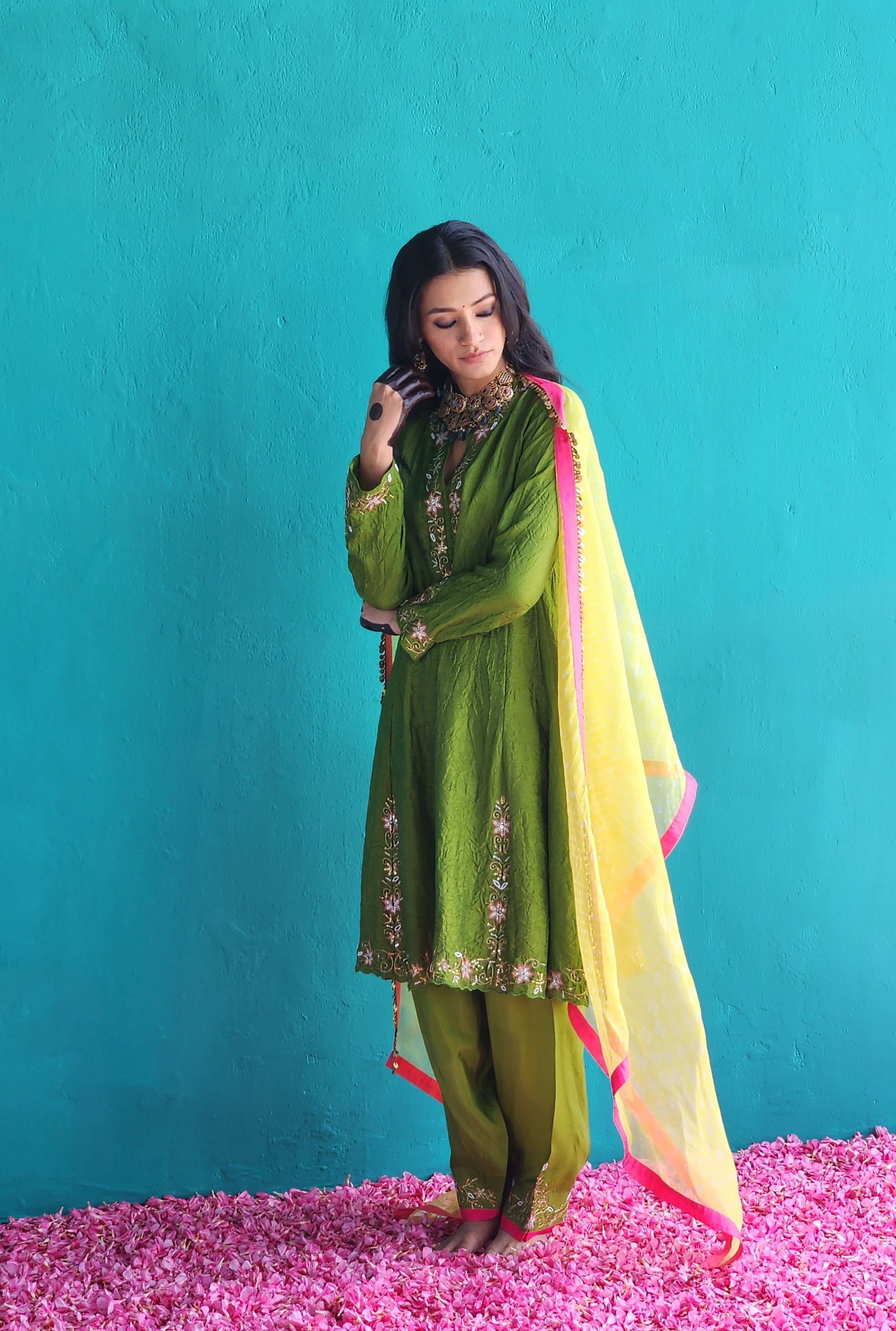 Mehendi Green Crush Silk Kurta with Salwar & Dupatta