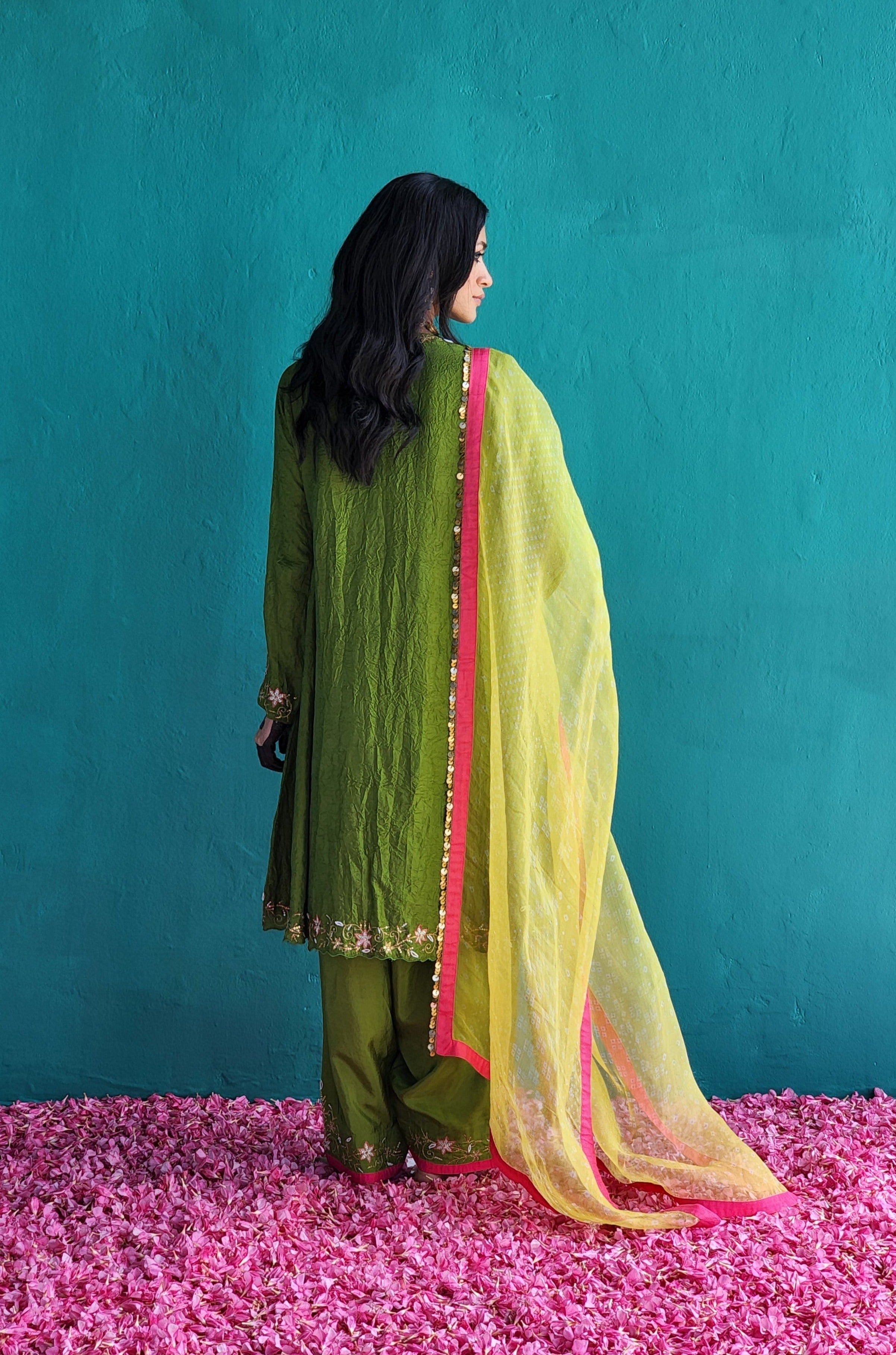 Mehendi Green Crush Silk Kurta with Salwar & Dupatta