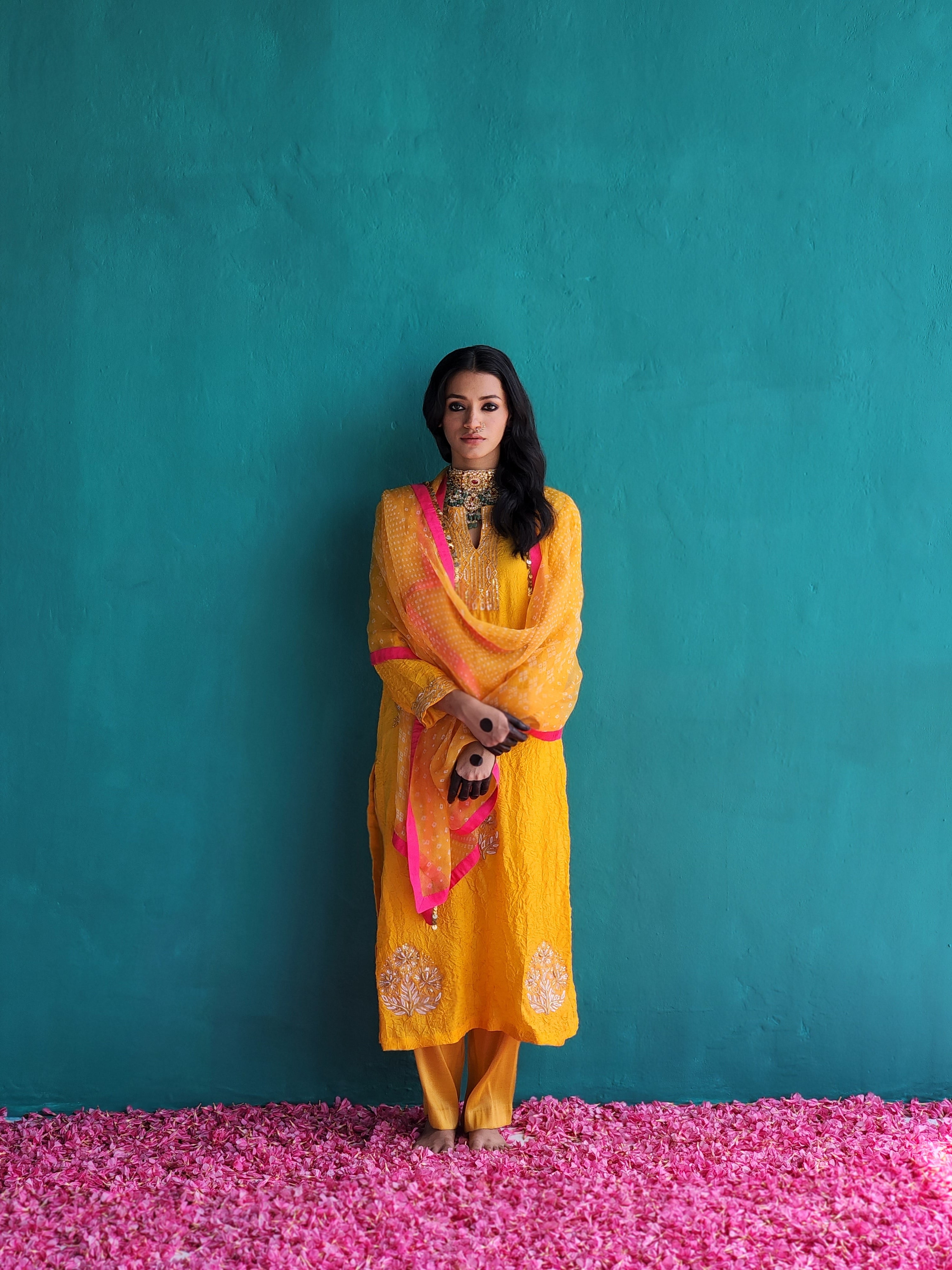 Mango Yellow Kurta with pant & Dupatta set