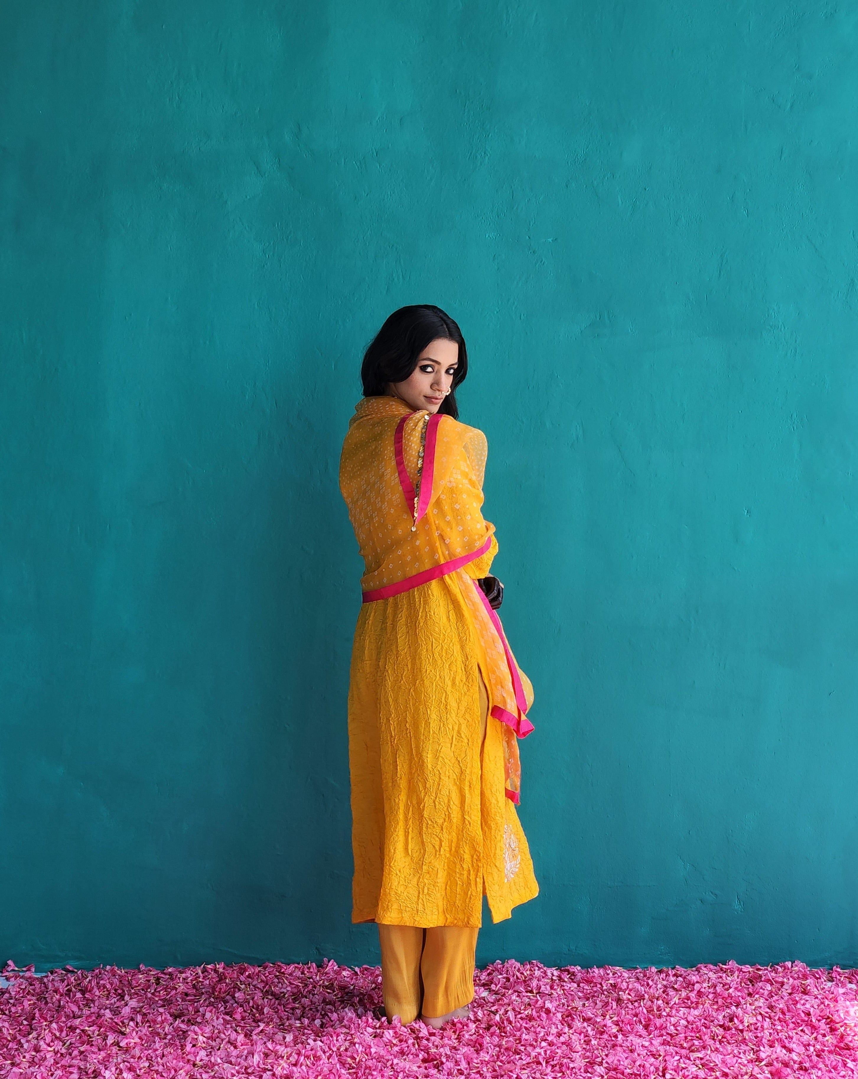 Mango Yellow Kurta with pant & Dupatta set