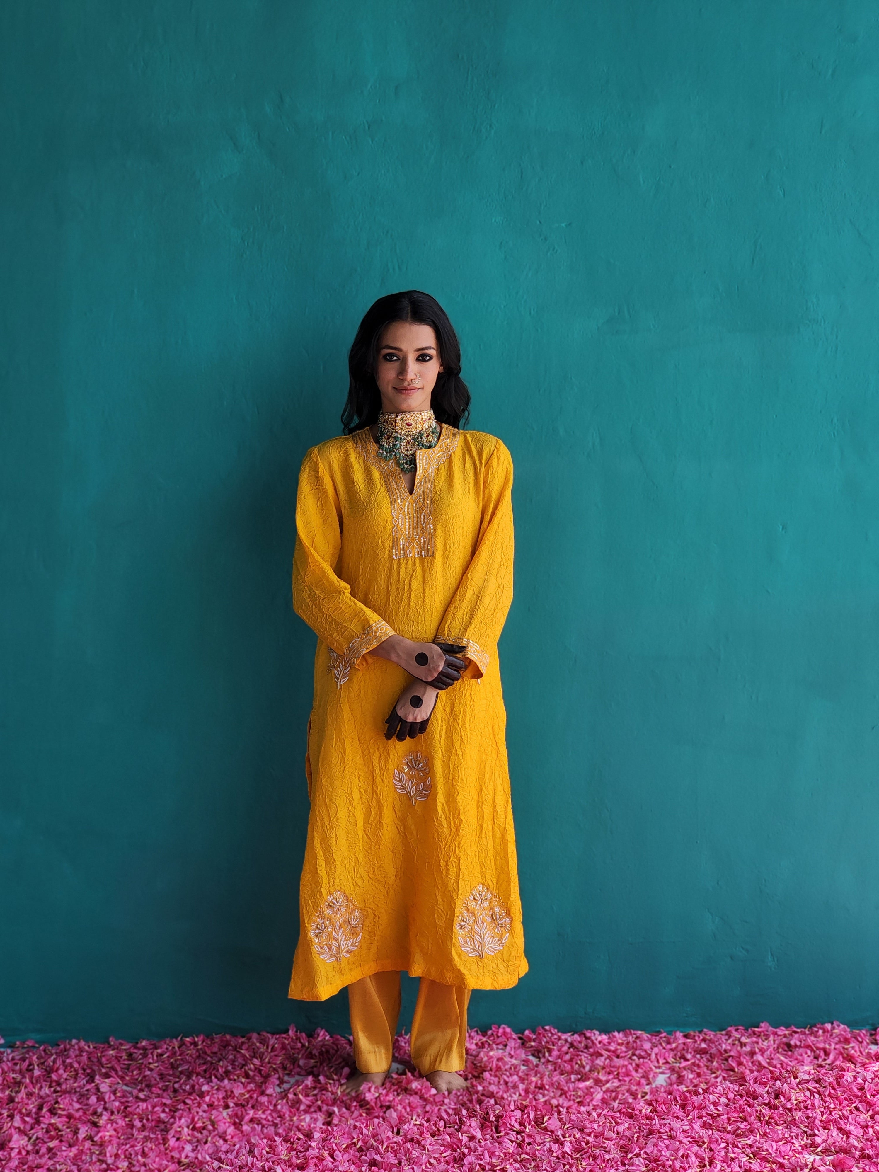 Mango Yellow Kurta with pant & Dupatta set