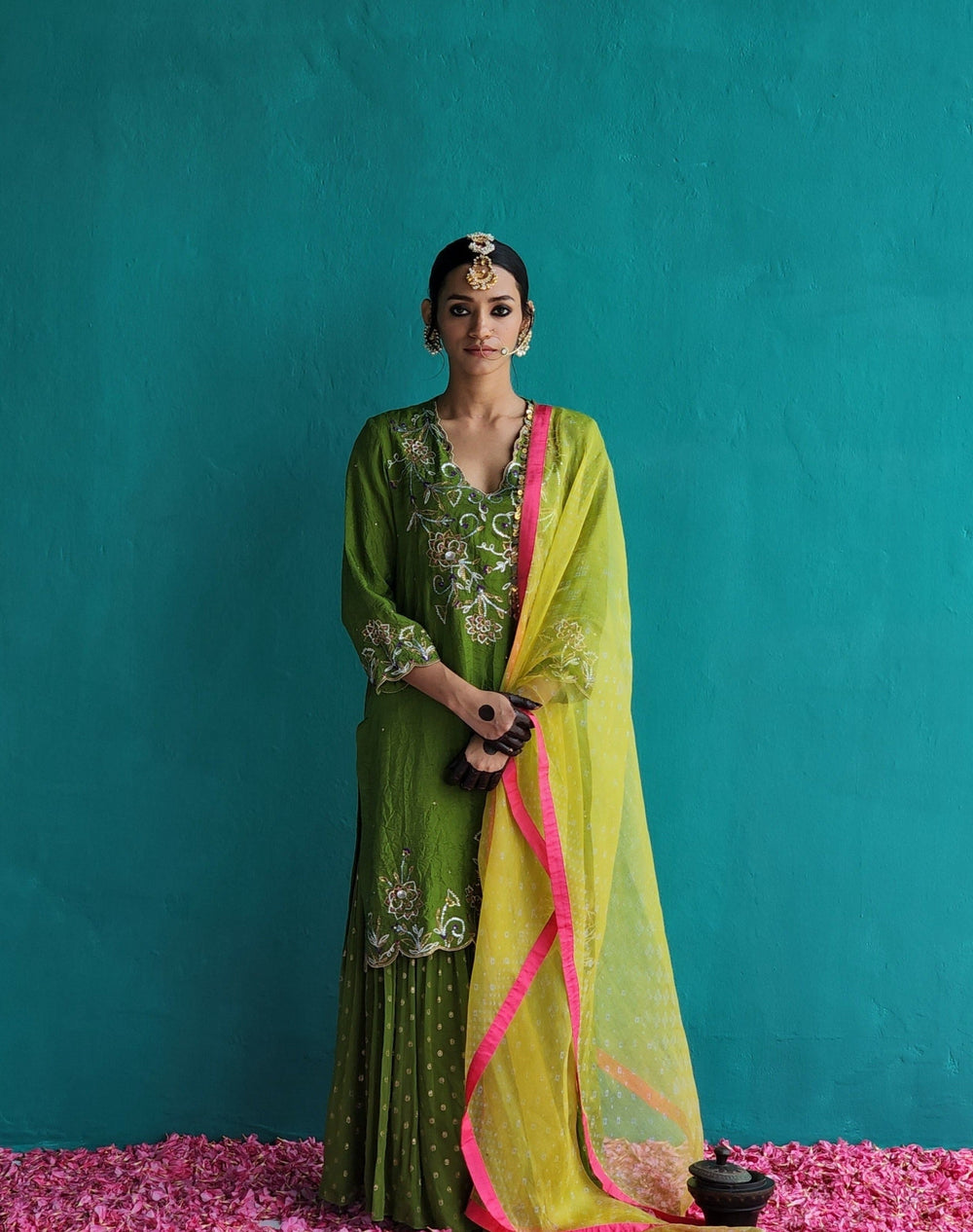 Mehendi Green Crush silk kurta with Sharara & Dupatta