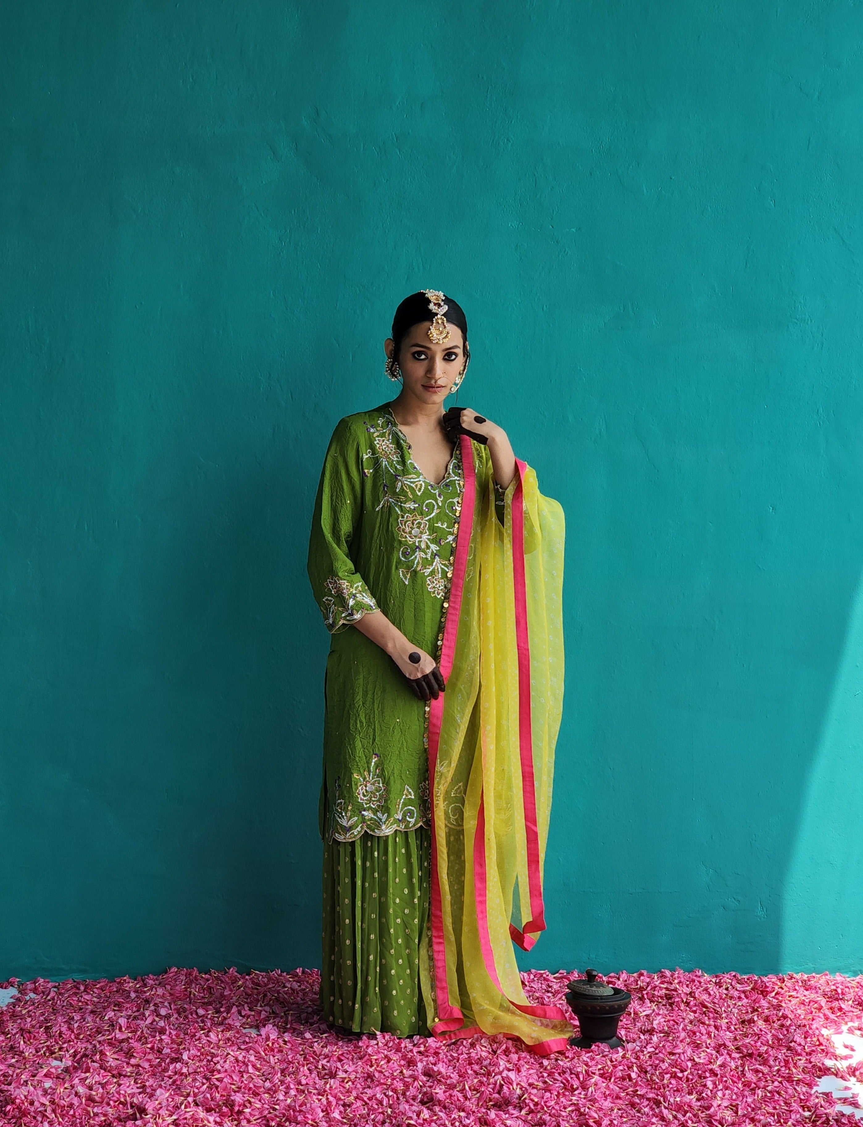 Mehendi Green Crush silk kurta with Sharara & Dupatta