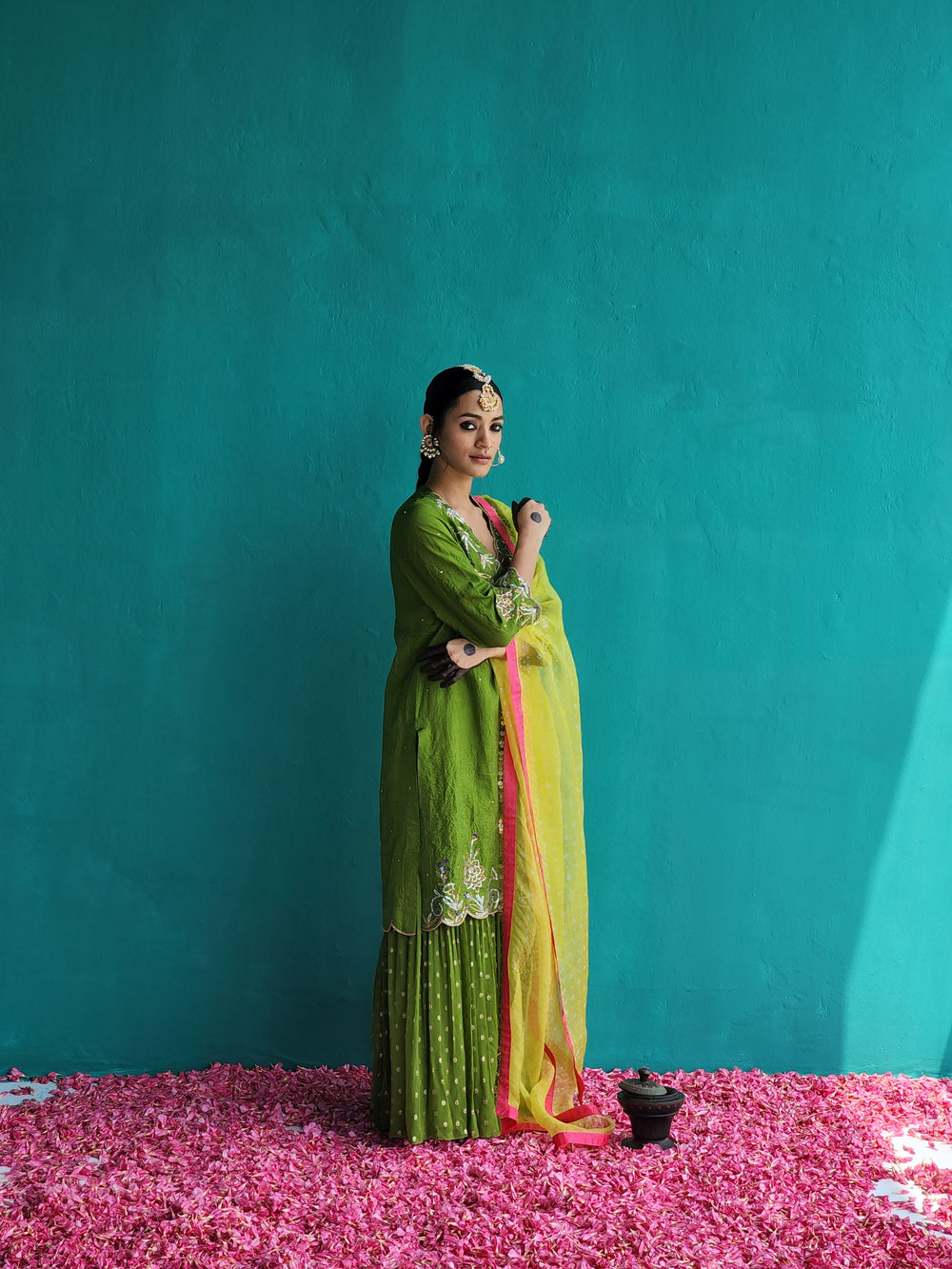 Mehendi Green Crush silk kurta with Sharara & Dupatta