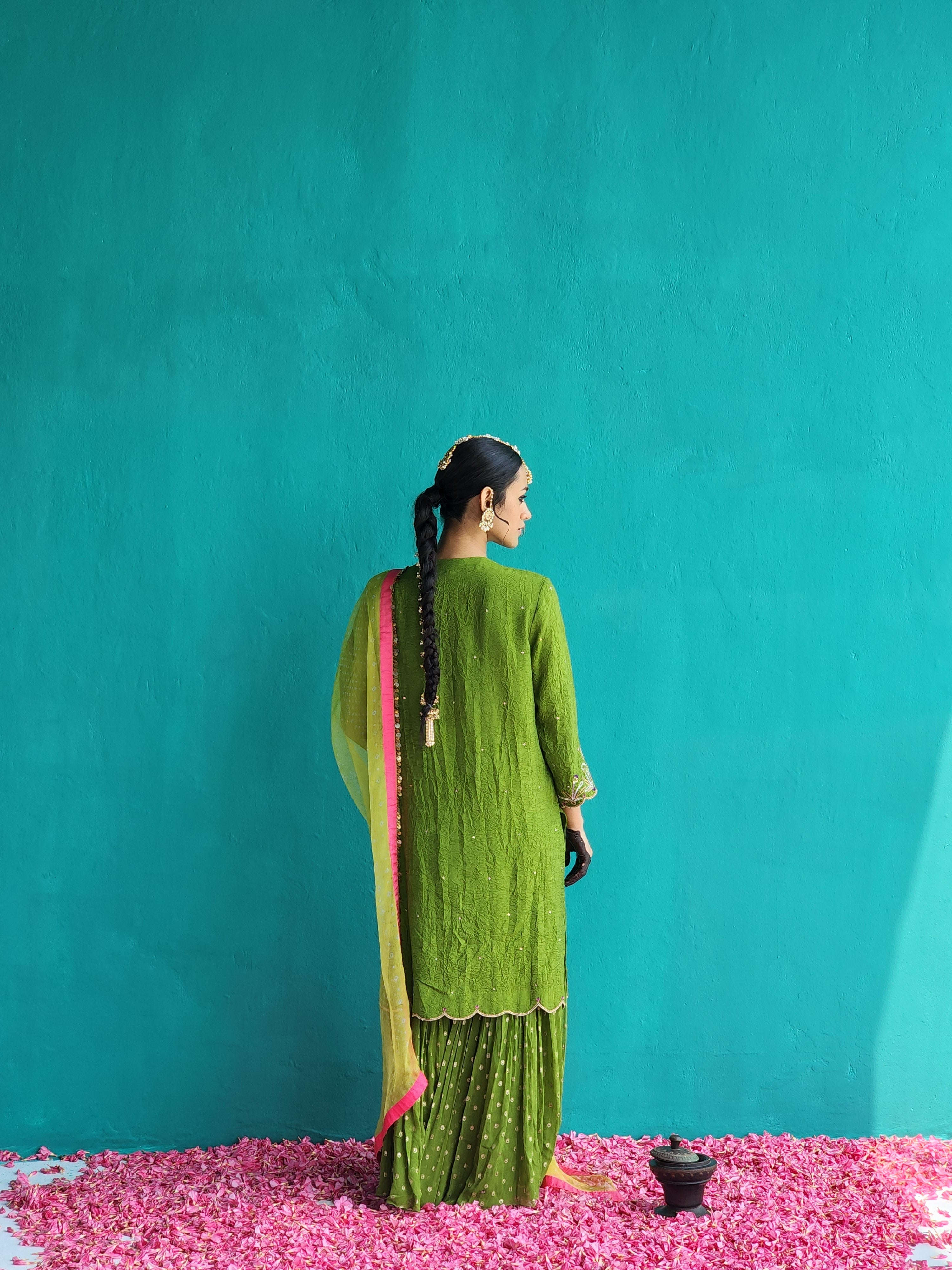 Mehendi Green Crush silk kurta with Sharara & Dupatta