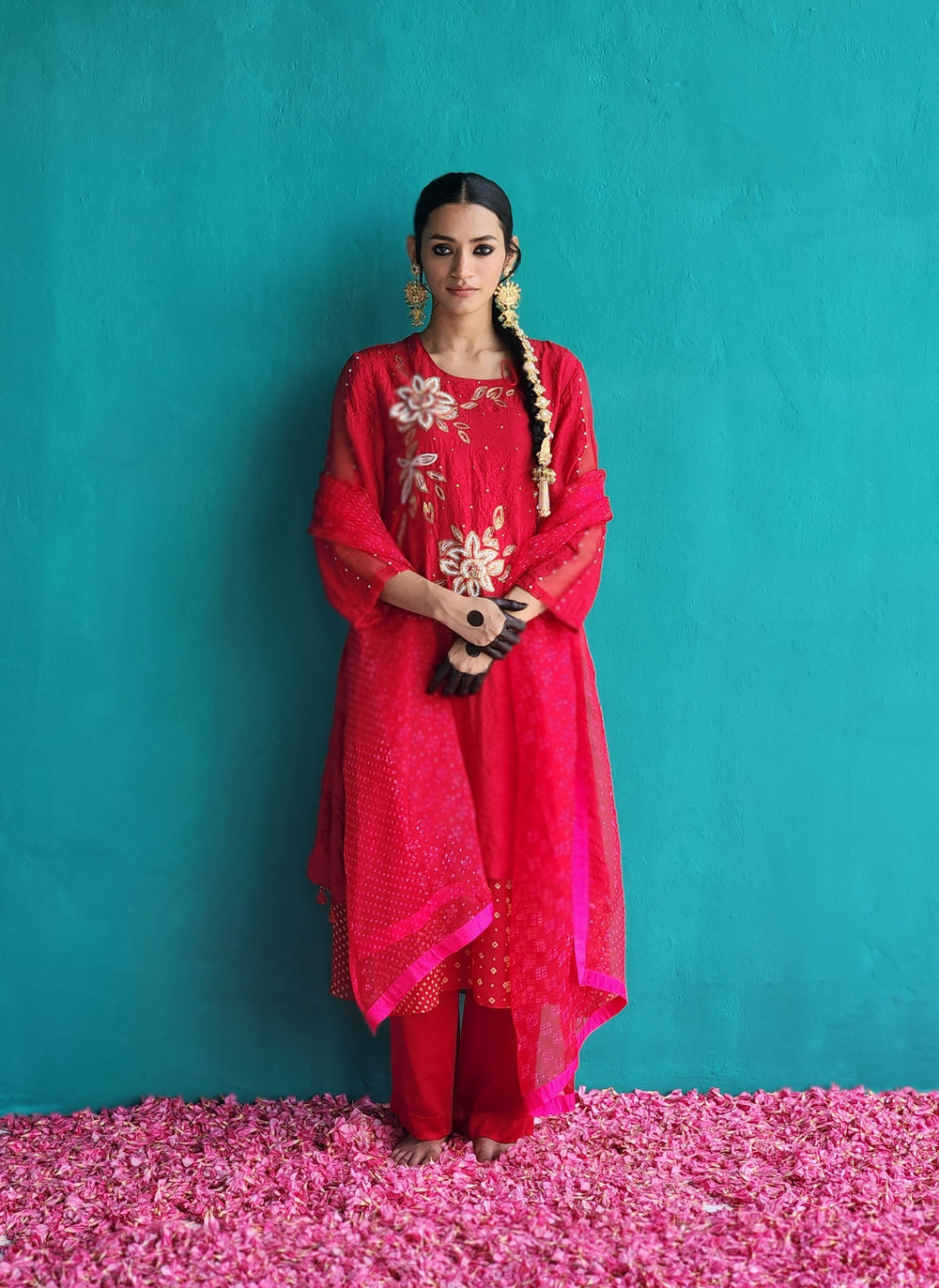 Layered Crush silk Red kurta with pants & Dupatta