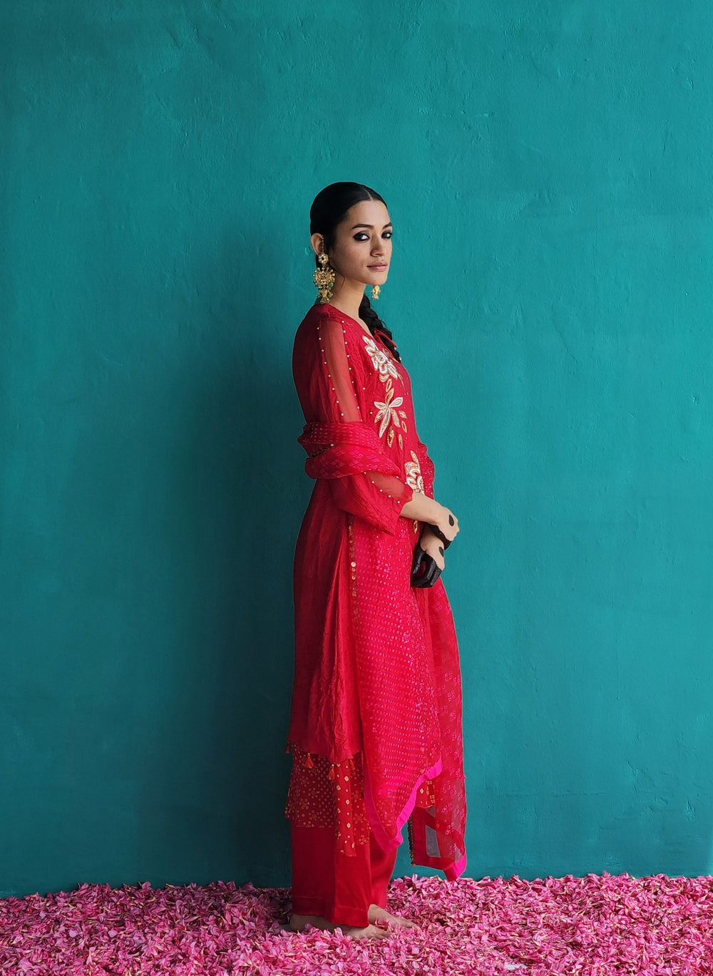 Layered Crush silk Red kurta with pants & Dupatta