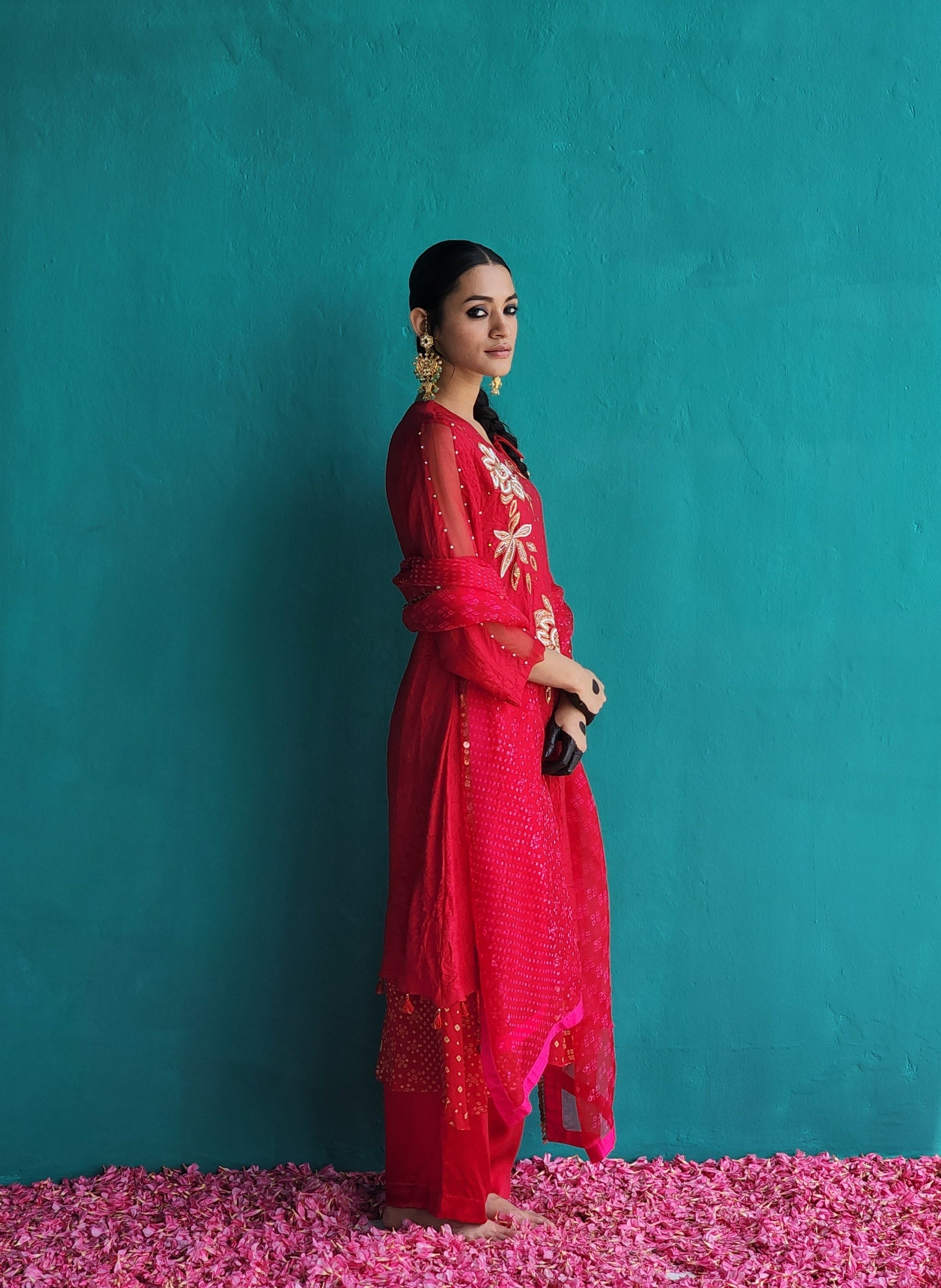 Layered Crush silk Red kurta with pants & Dupatta