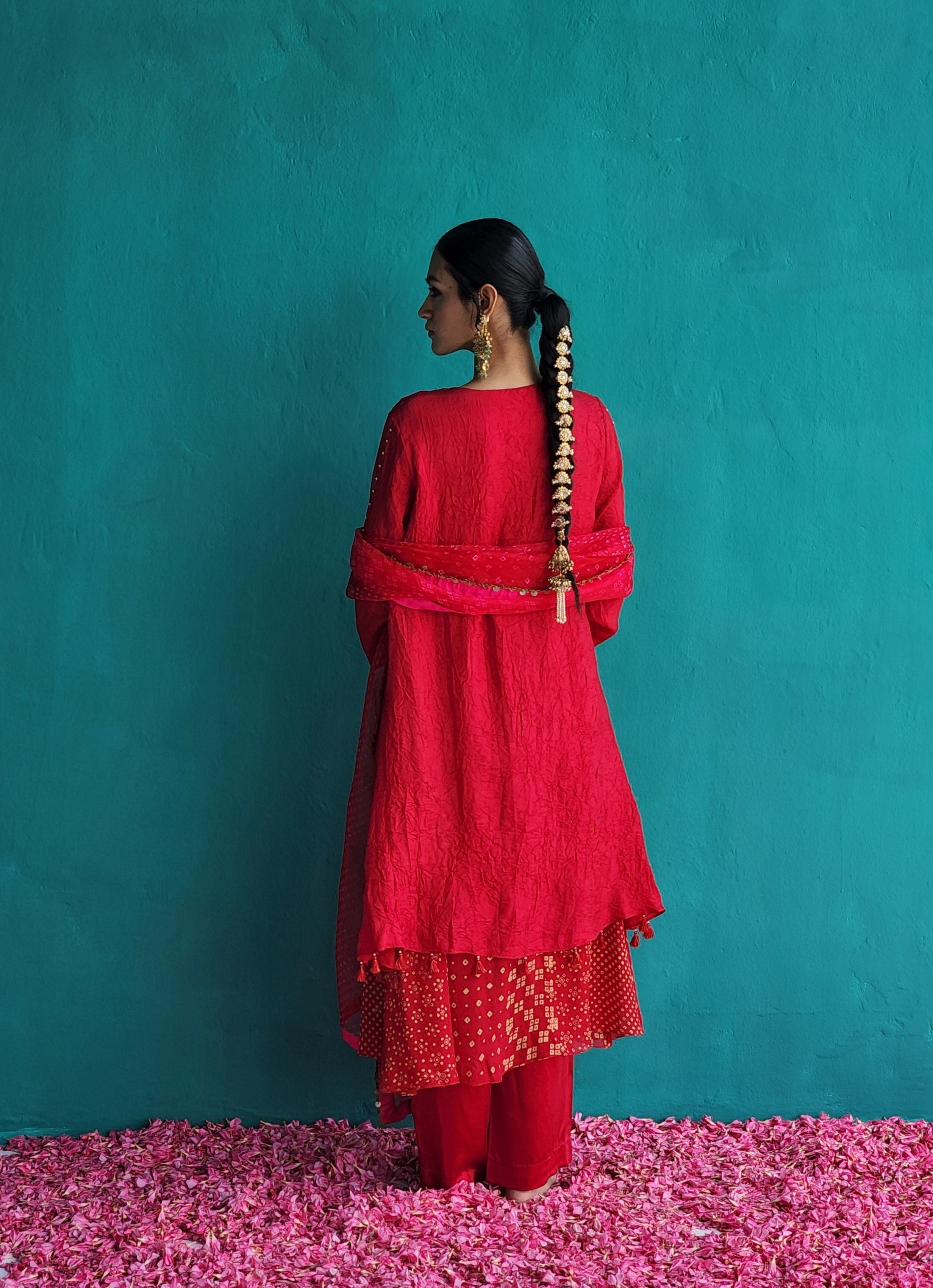 Layered Crush silk Red kurta with pants & Dupatta