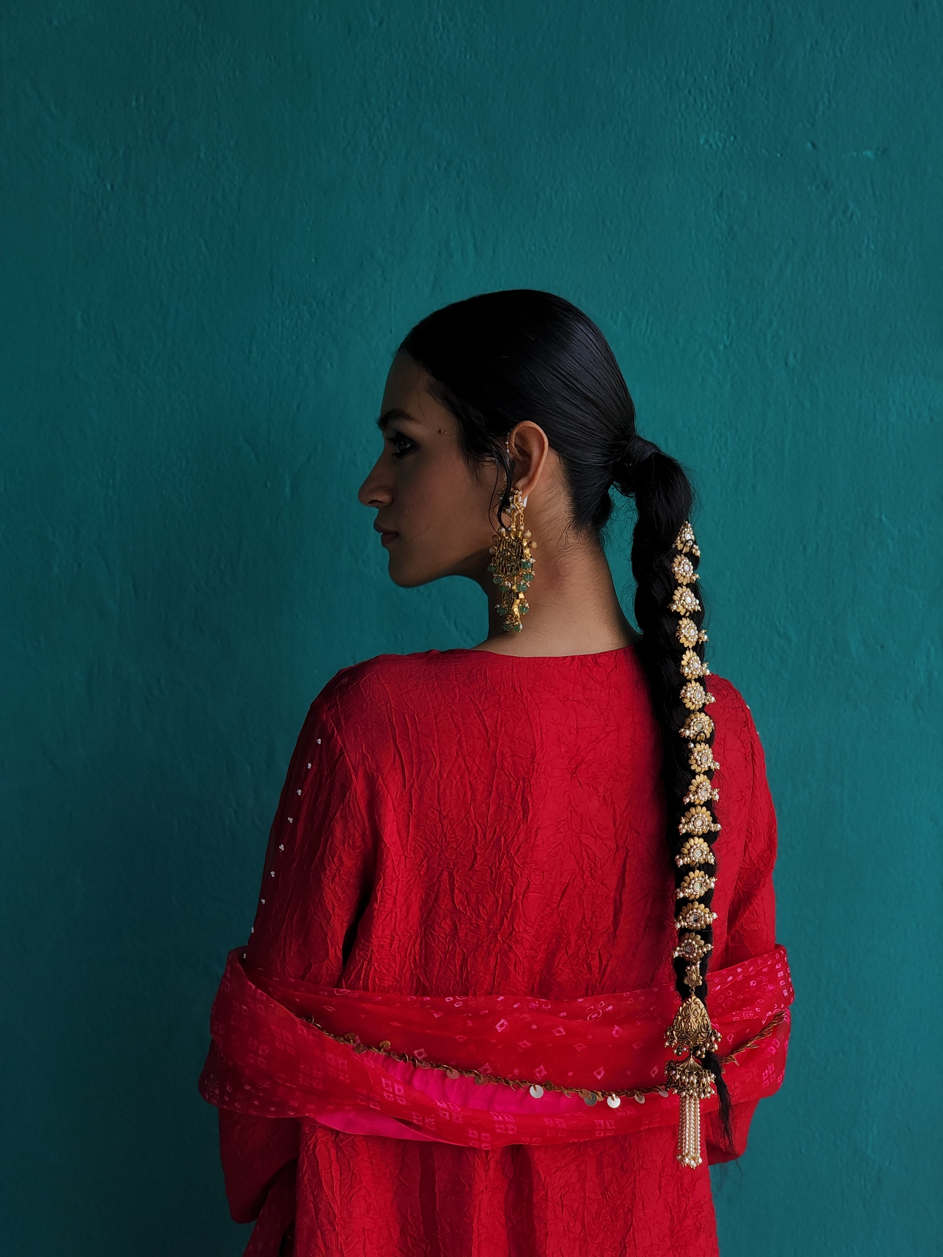 Layered Crush silk Red kurta with pants & Dupatta