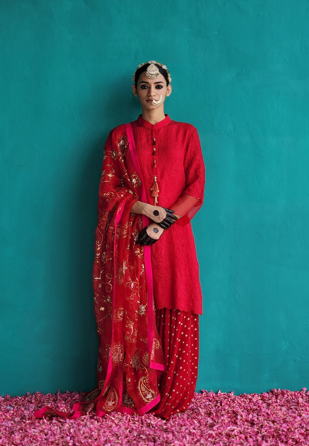 Red Crush silk kurta with Farshi and Dupatta