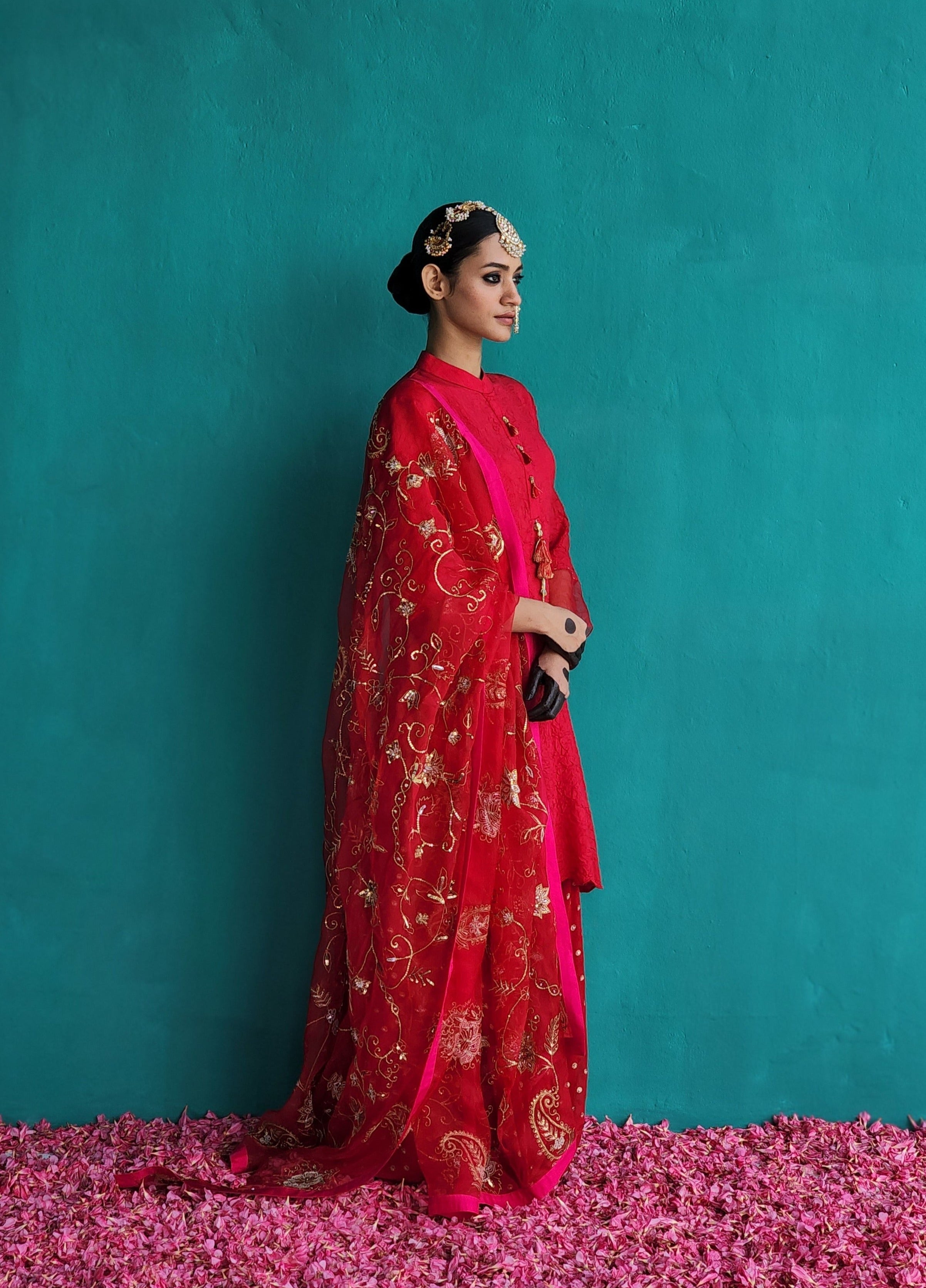 Red Crush silk kurta with Farshi and Dupatta