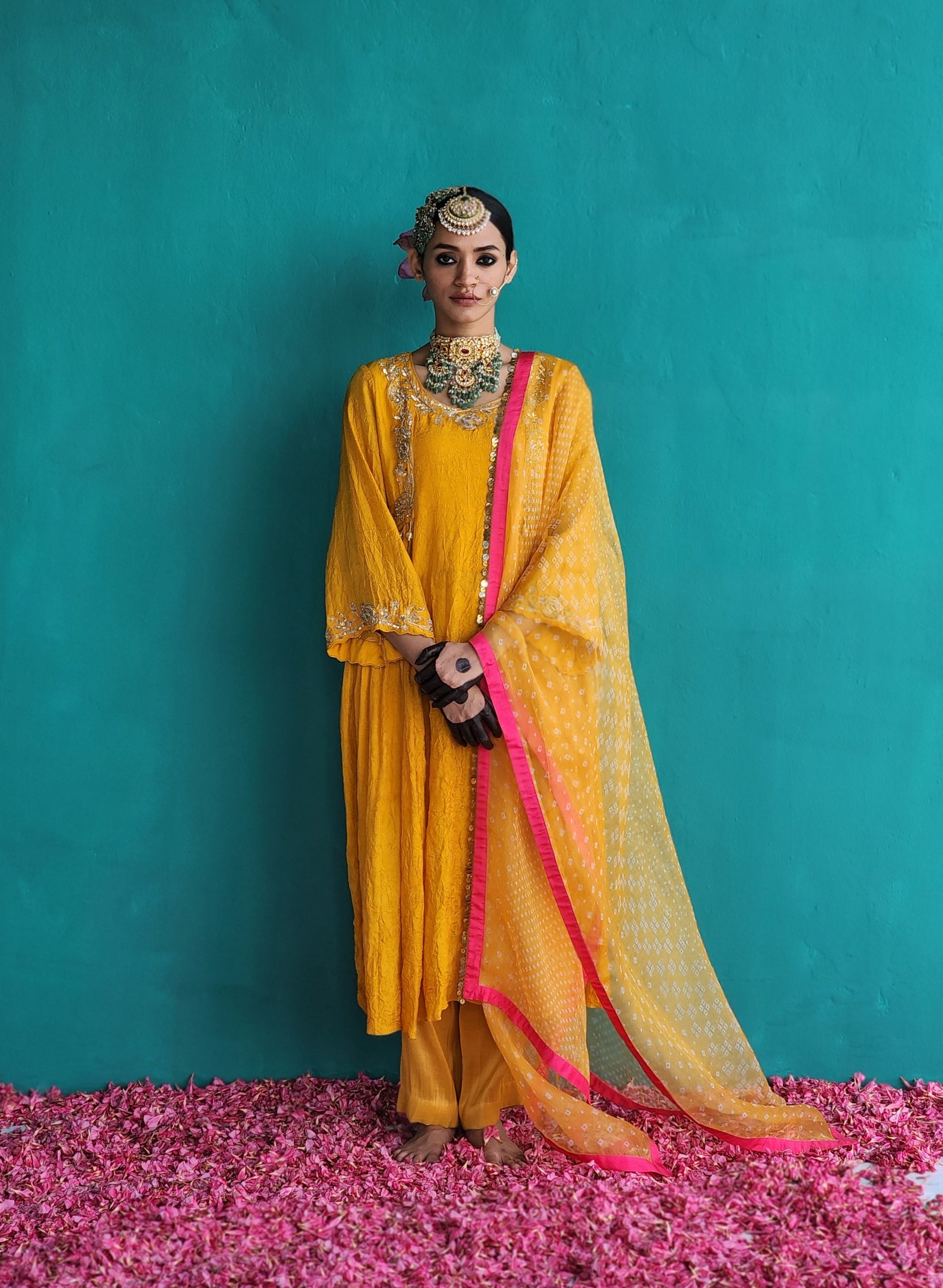 Warm- Hued Mango Yellow side panel kurta with Tissue pants & Dupatta