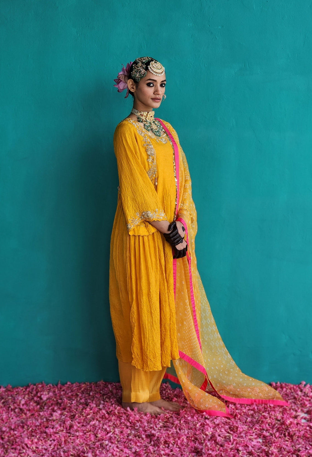 Warm- Hued Mango Yellow side panel kurta with Tissue pants & Dupatta