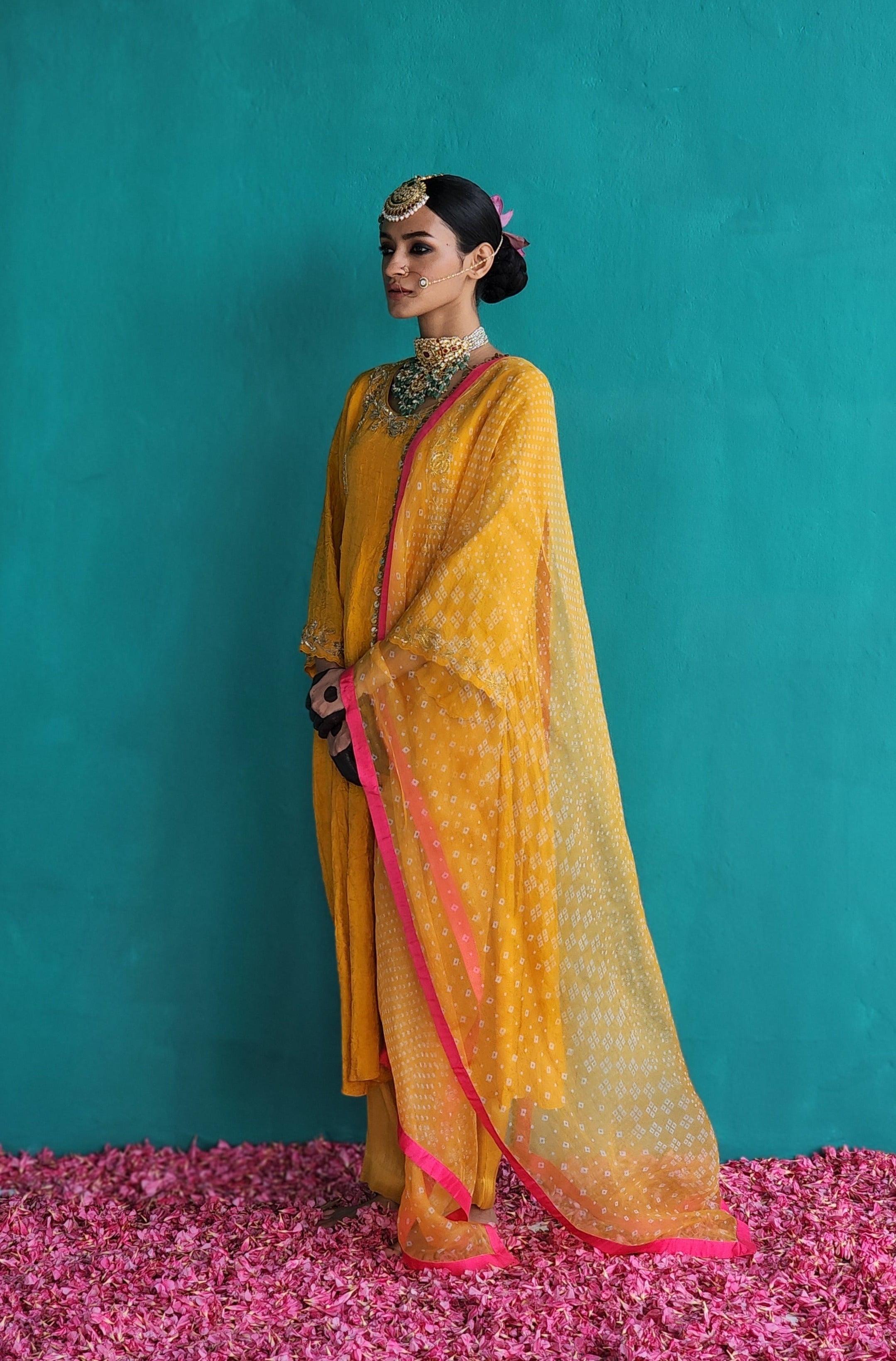 Warm- Hued Mango Yellow side panel kurta with Tissue pants & Dupatta