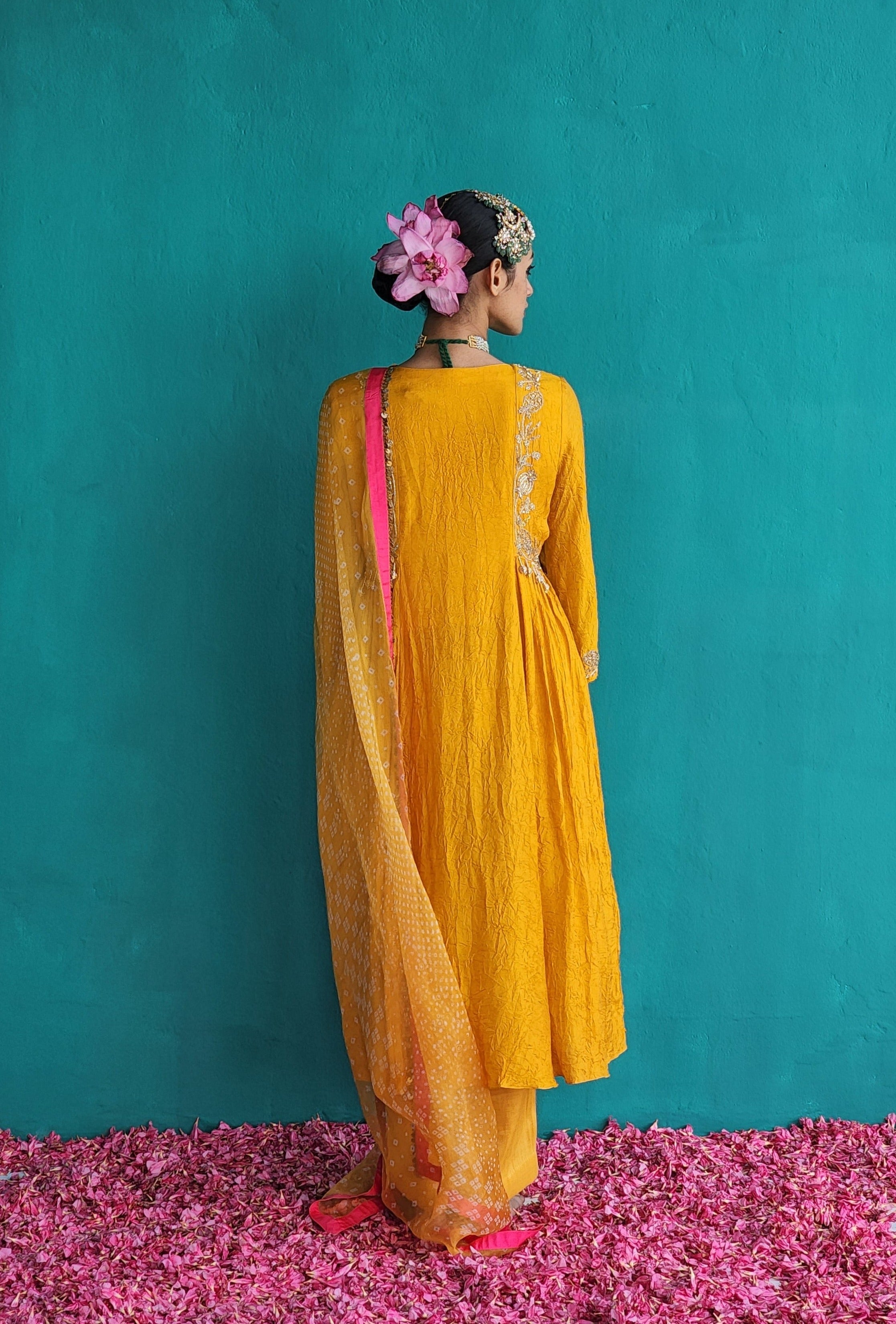 Warm- Hued Mango Yellow side panel kurta with Tissue pants & Dupatta