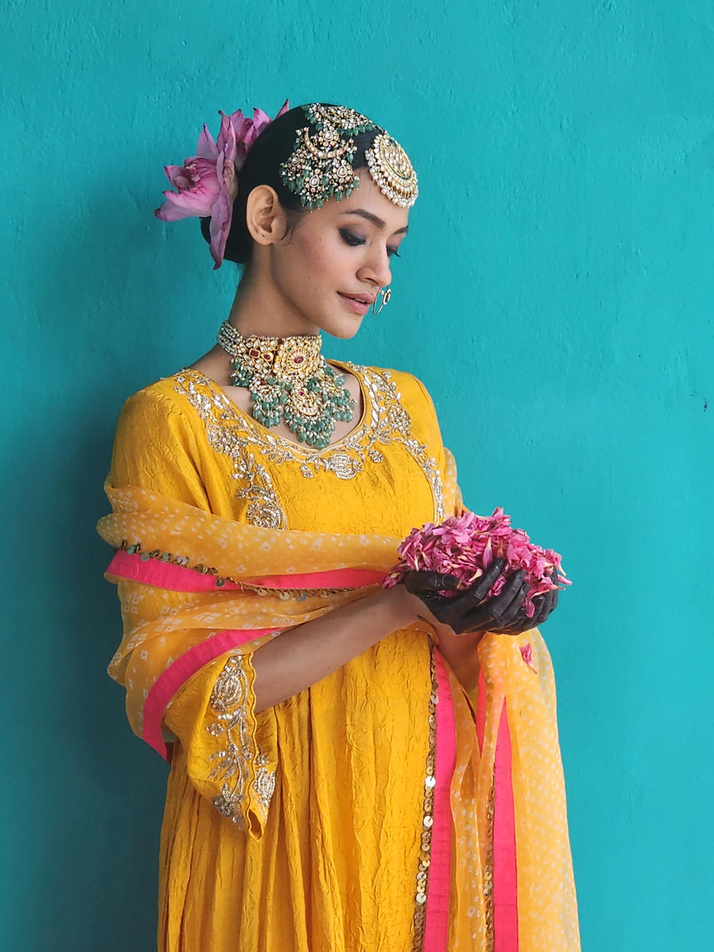 Warm- Hued Mango Yellow side panel kurta with Tissue pants & Dupatta