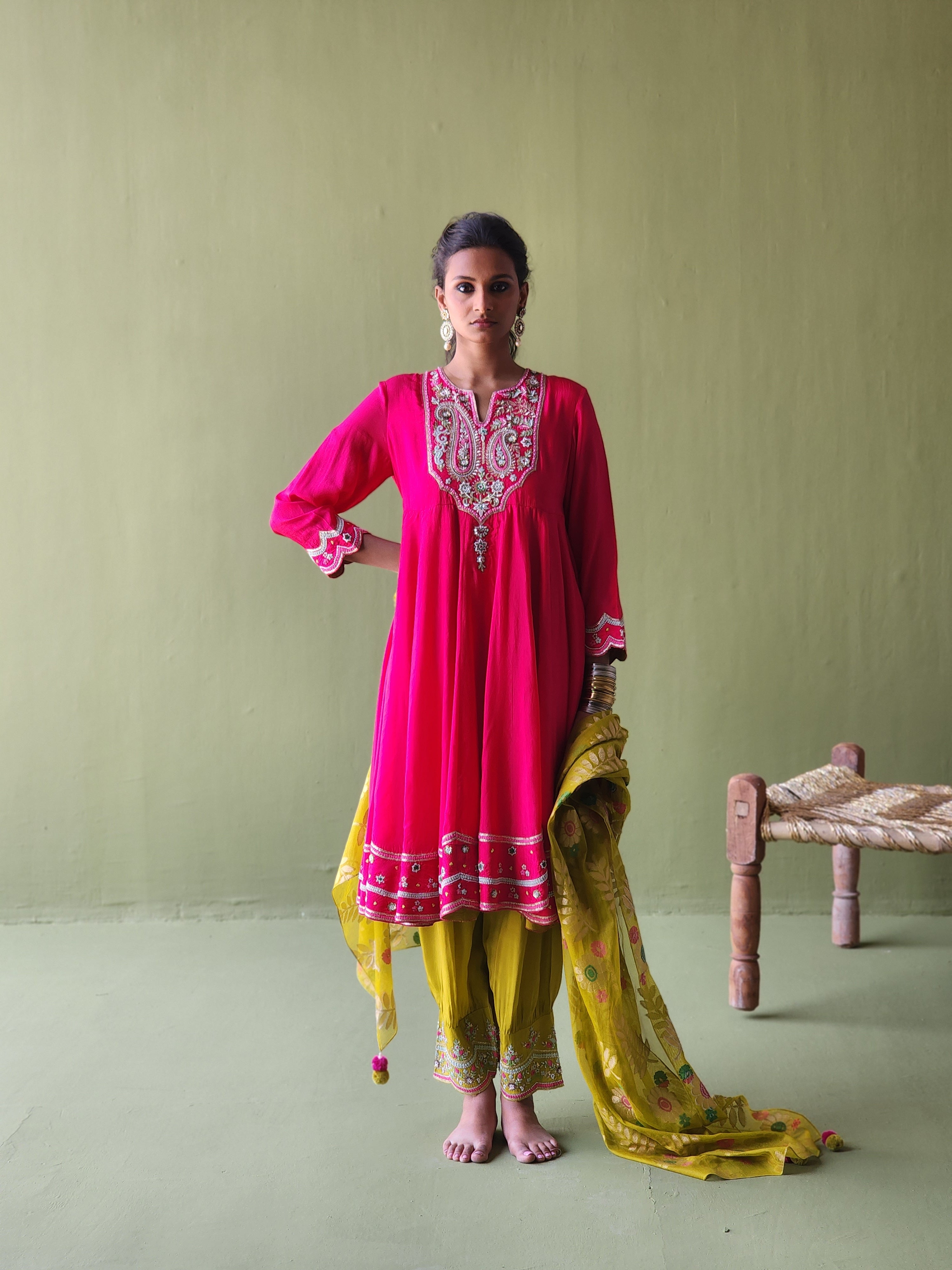 Anarkali with contrast fitted salwar pants alongwith handwoven Banarasi dupatta