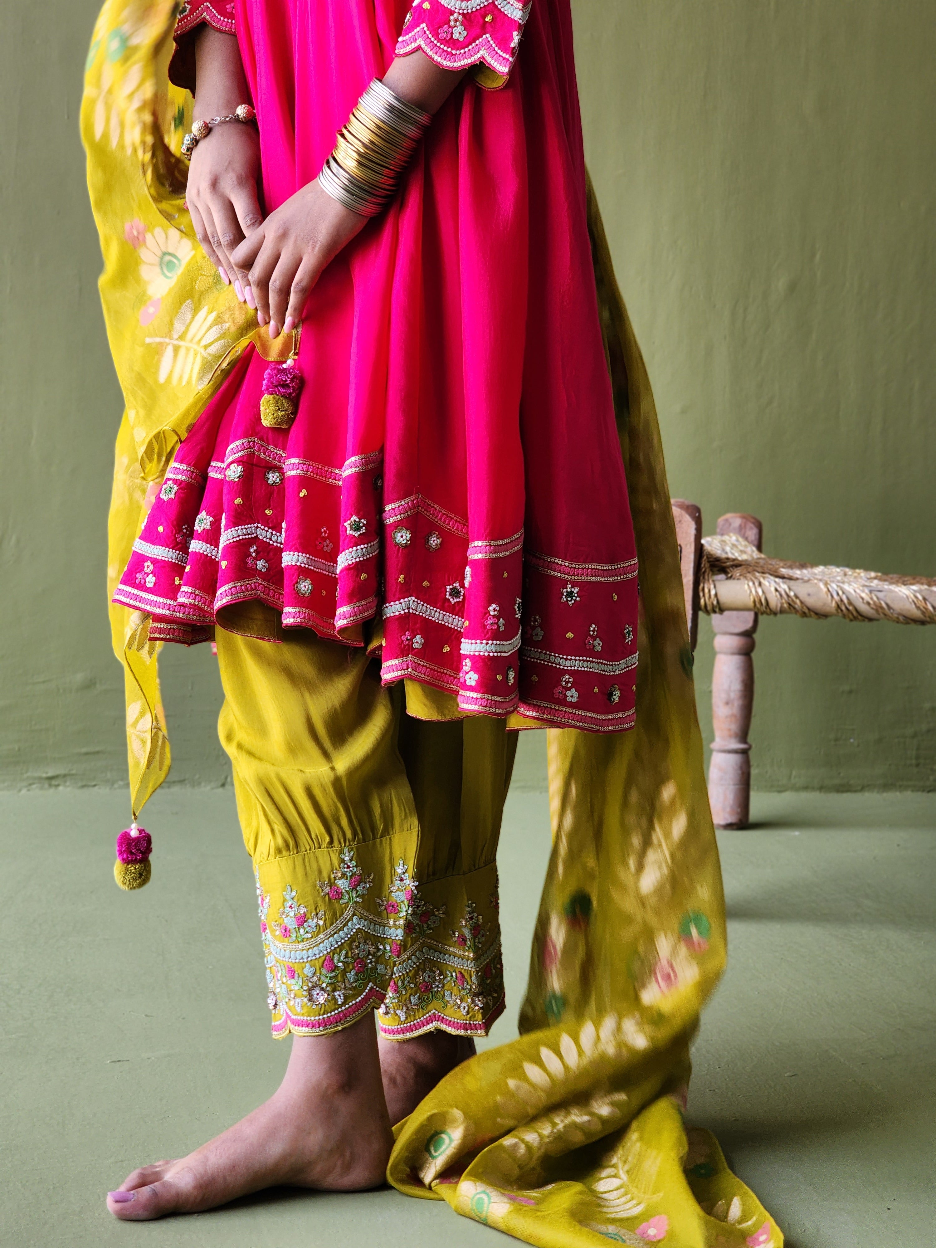 Anarkali with contrast fitted salwar pants alongwith handwoven Banarasi dupatta